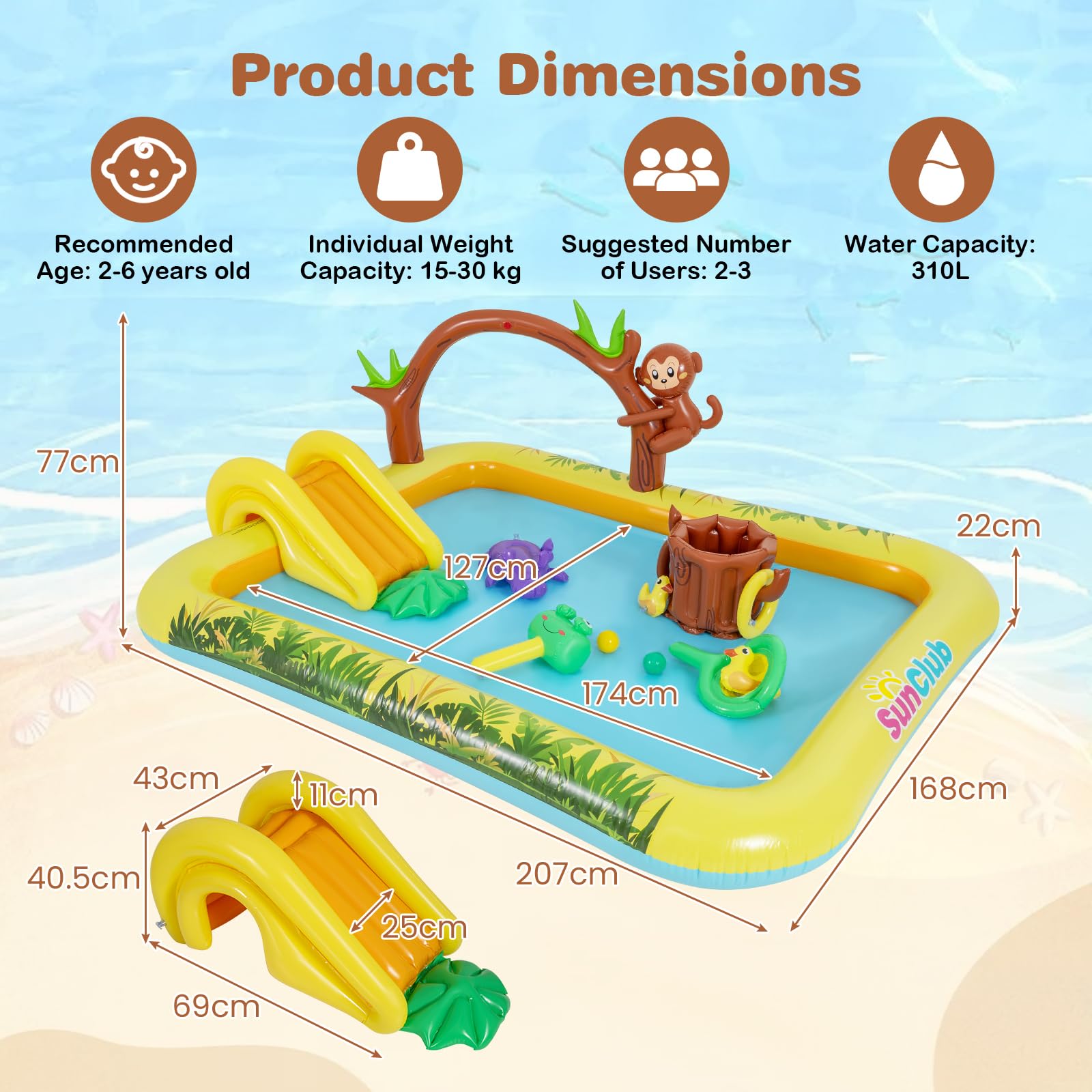 SOARS Piscine Gonflable, Aire de Jeux Extérieure sur Le Thème de Jungle, Toboggan & Pataugeoire, Jets d’Eau, Jeu de Lancer d’Anneaux, Parc Aquatique d’Été pour Jardin, Terrasse, 207 X 168 X 77 CM