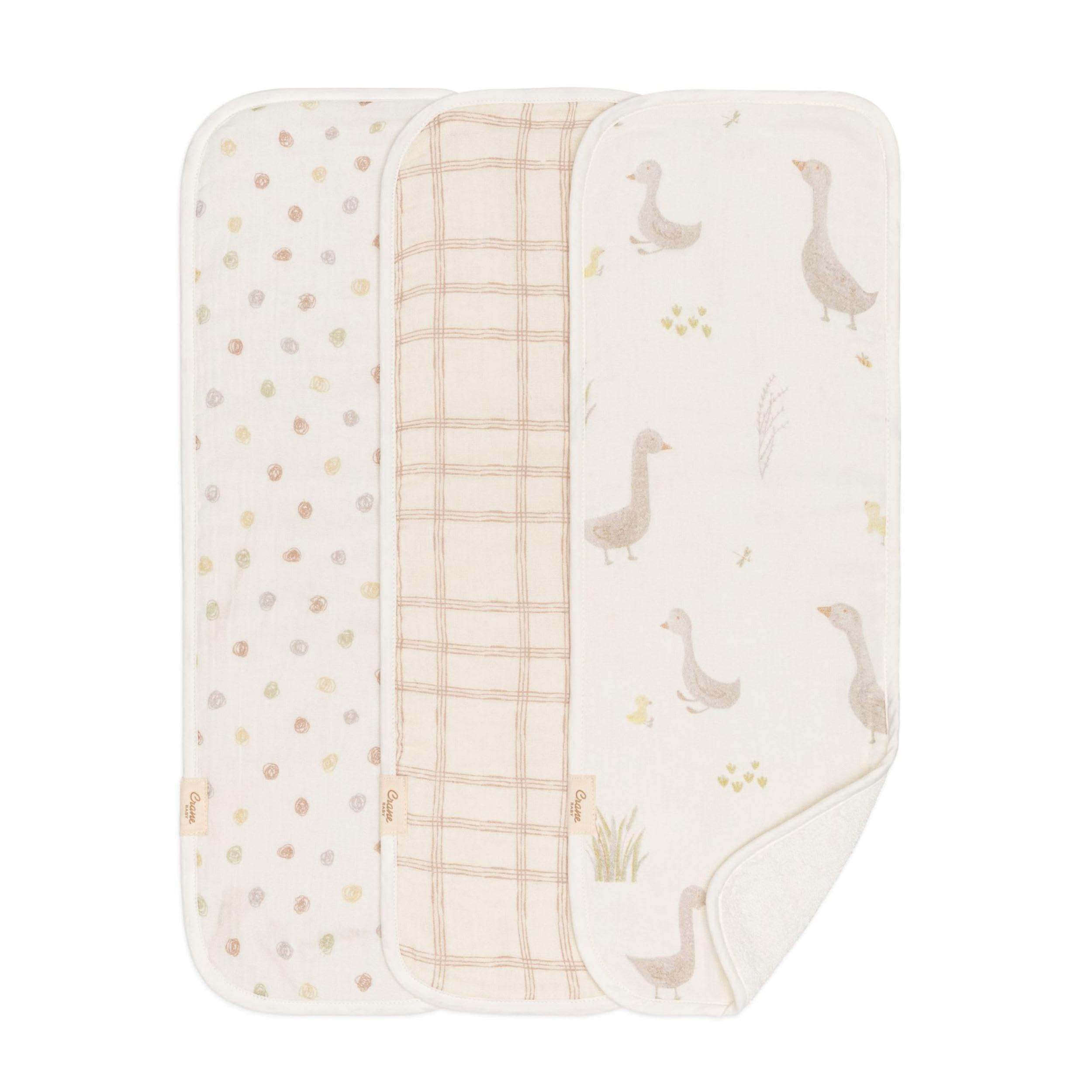 Crane Baby Soft Muslin Burp Cloth, Lightweight and Absorbent Burp Cloth for Boys and Girls (Size: 50 x 18 cm, 0-12 Months, Charlie Collection, Farmhouse Goose)