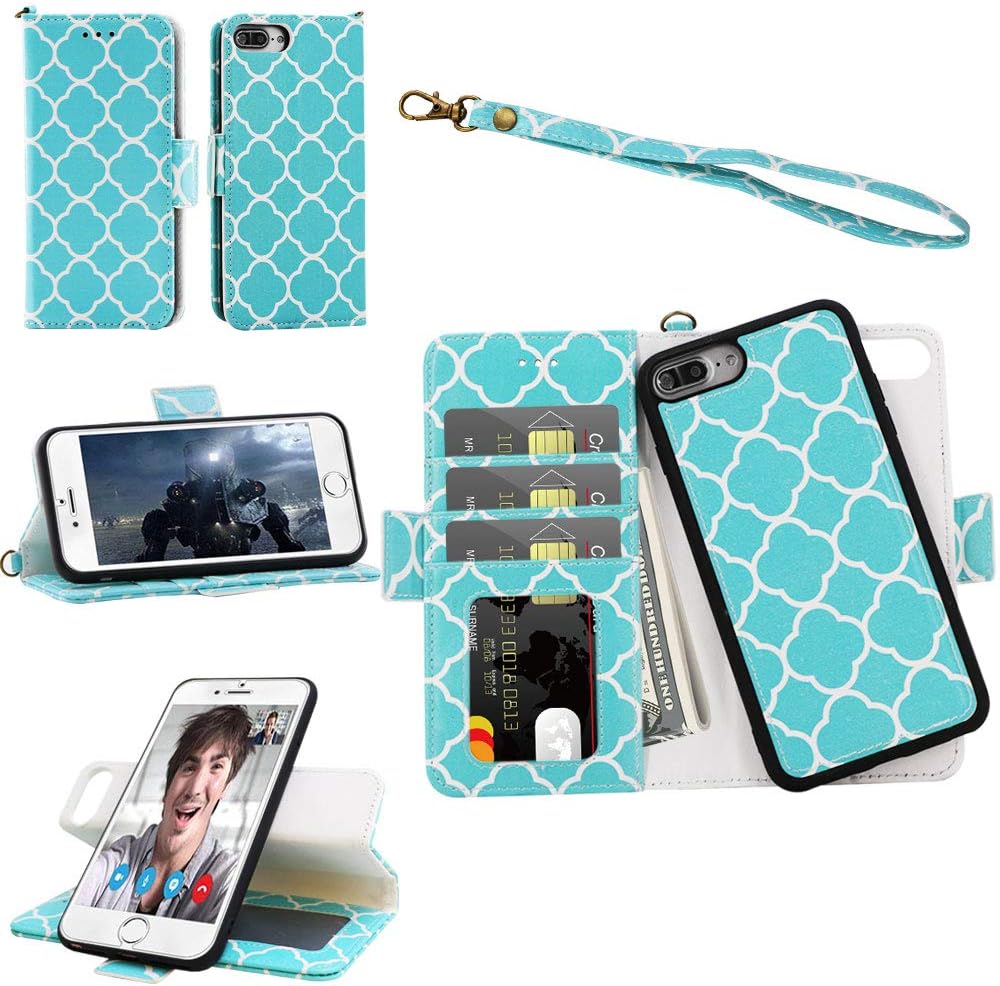 Samgg iPhone 8 Plus / 7 Plus / 6S Plus / 6 Plus Wallet Detachable Case with Wrist Strap, Magnetic Closure - Flip Folio Leather Case with Tempered Glass for Apple iPhone 8/7/6S/6 Plus (Lucky Clover)