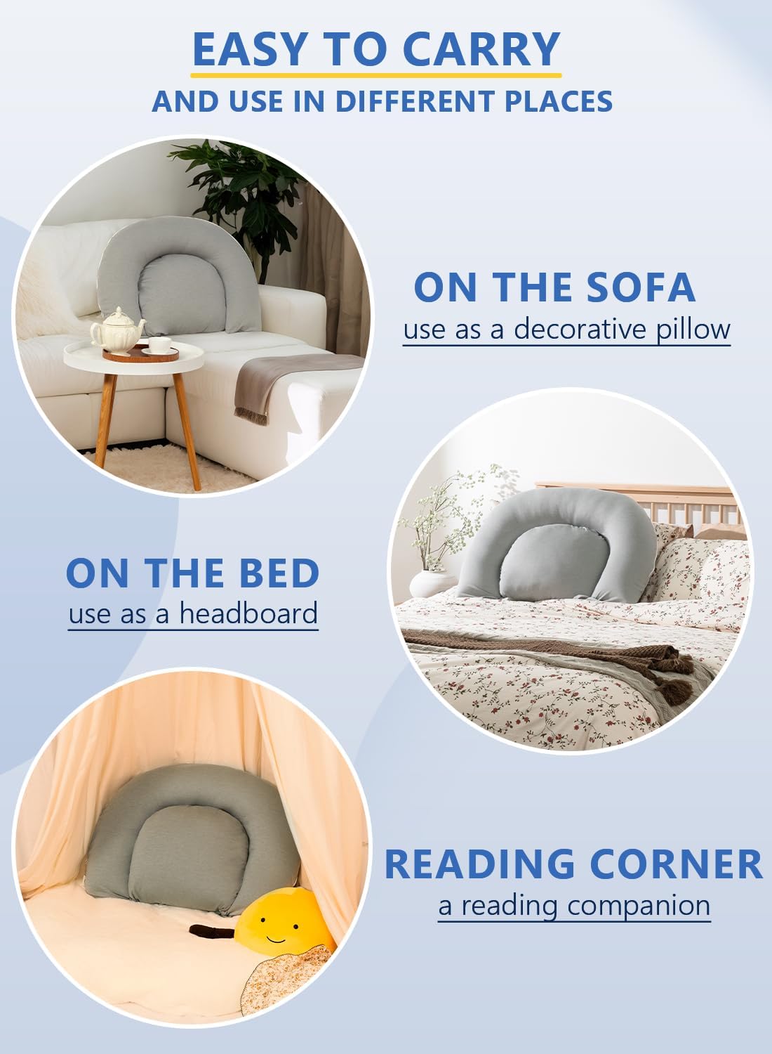 INSEN Reading Pillow, Back Pillow for Sitting in Bed for Reading, Nurse & Relax, Reading Pillow for Adults, Moms & Kids, Sit Up Pillow for Bed, Grey