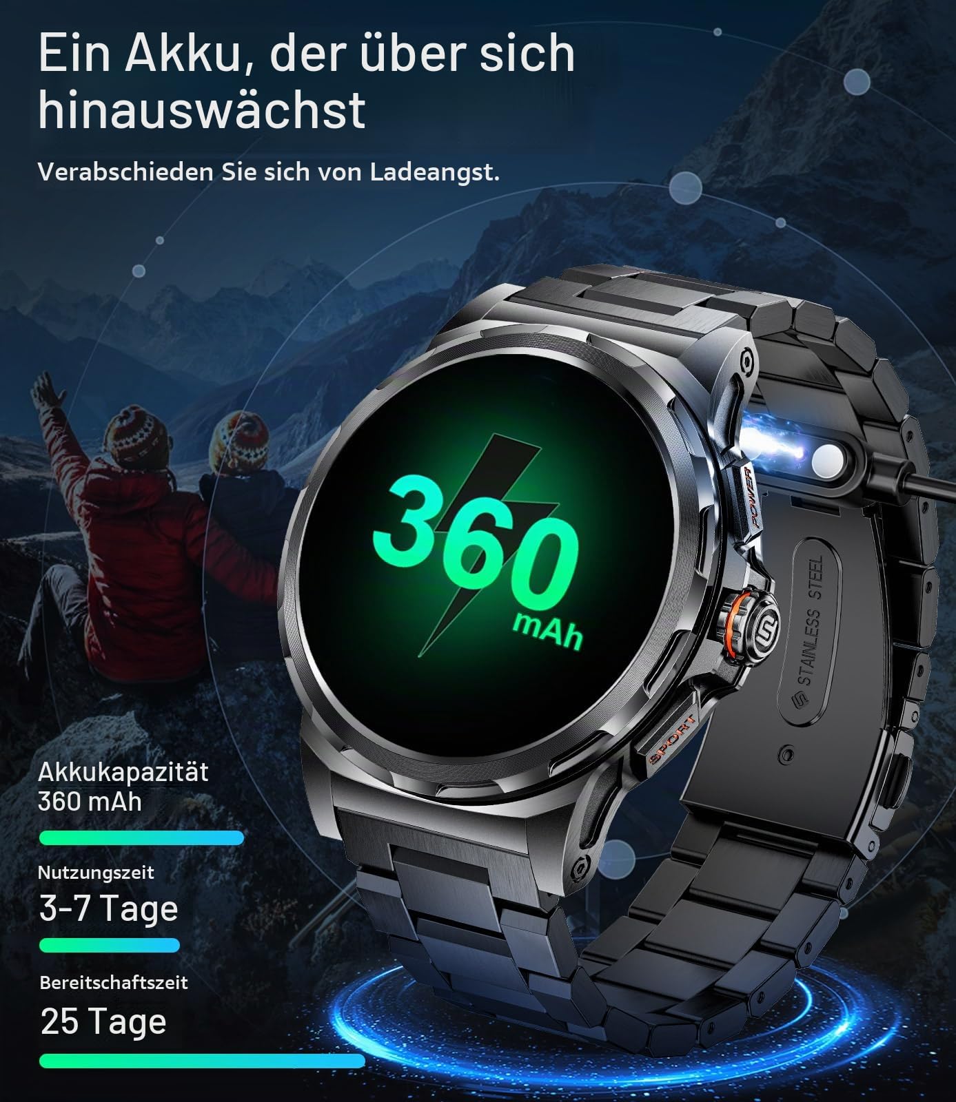 Militär Smartwatch Herren, 1,43-Zoll-AMOLED-Smartwatch mit Bluetooth-Anruf, 3 Armbänders, IP68 Wasserdicht/Herzfrequenz/Schlafmonitor, 120+ Sportmodi Outdoor Sportuhrfür Android iOS, Schwarz
