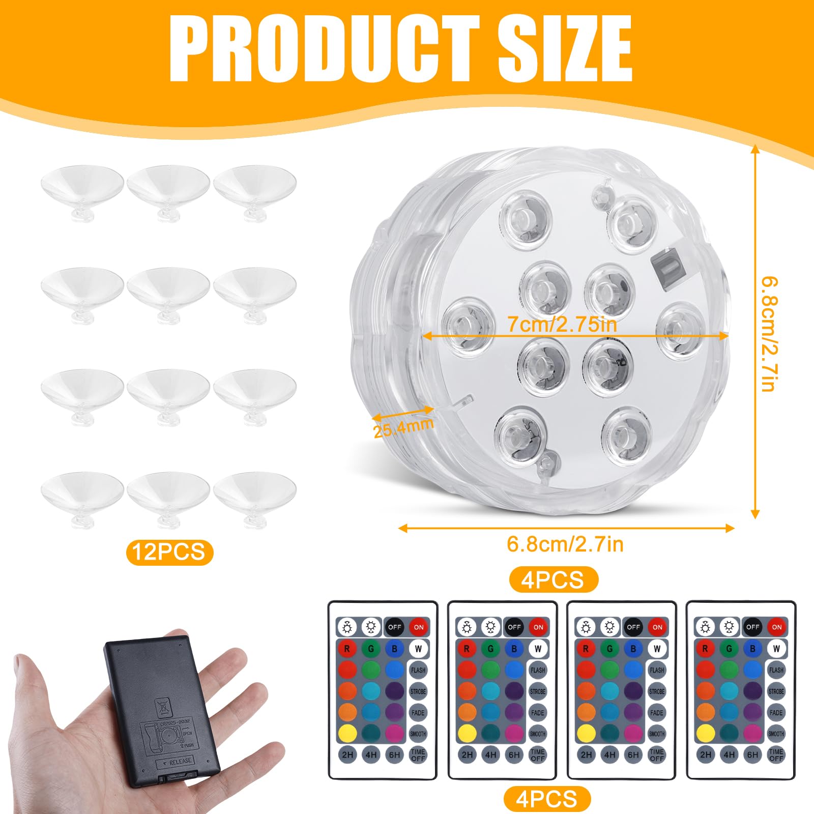 4 sztuki diod LED z pilotem zdalnego sterowania, zatapialne światło LED z pilotem zdalnego sterowania, wodoszczelne oświetlenie do akwarium, wazonu, spa, akwarium