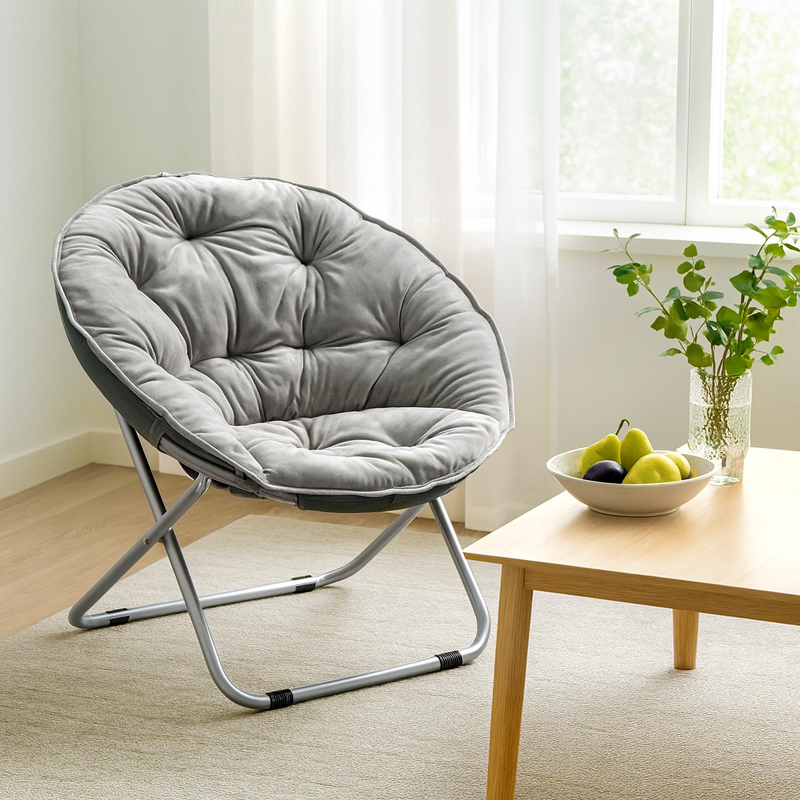 Sessel Mondförmiger Klappstuhl Runder Lesesessel Mit Eisenbeinen Loungesessel Bequemer Sessel Zum Lesen Im Wohn-Und Schlafzimmer Plüsch Grau (Gray)