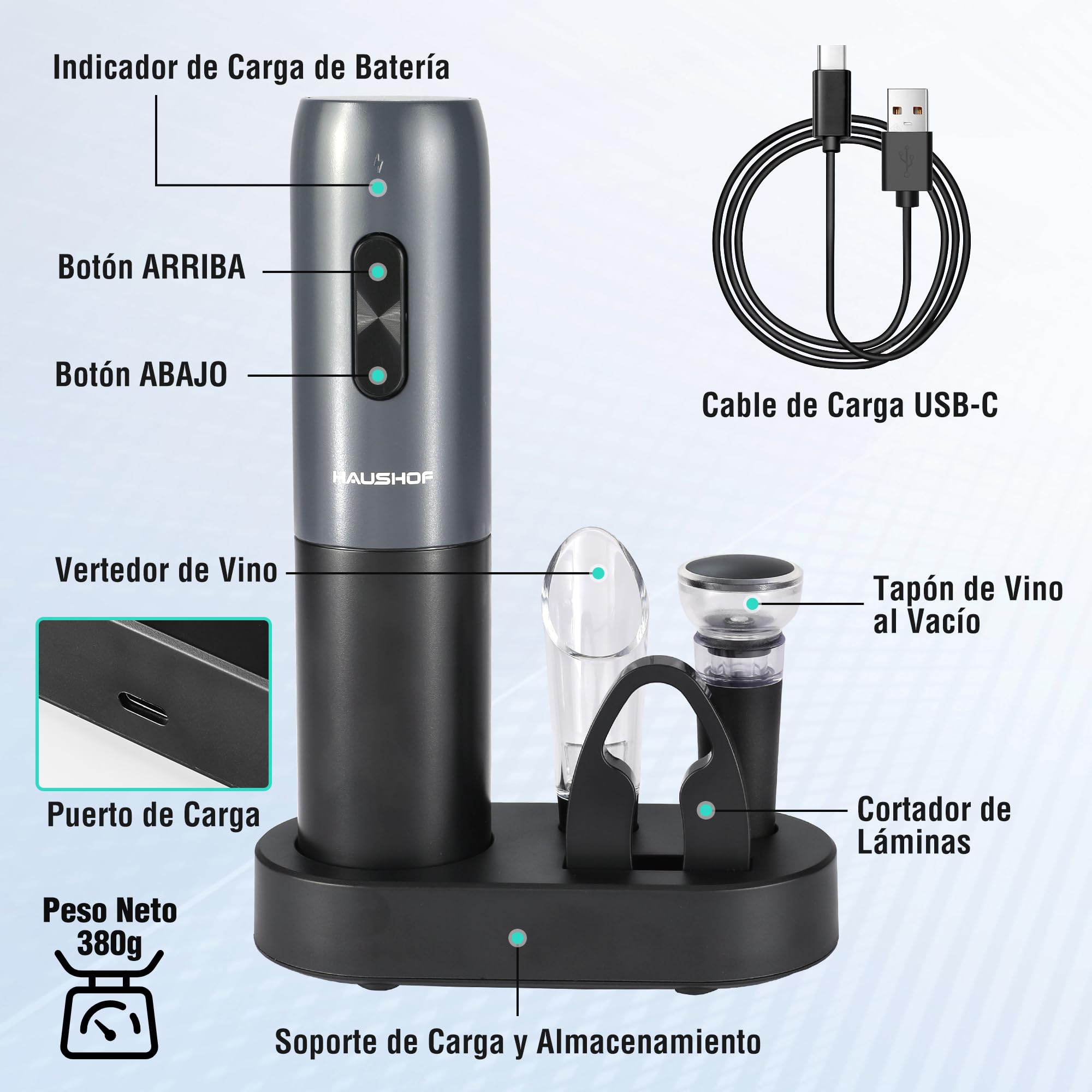 HAUSHOF Sacacorchos Eléctrico Recargable 6 en 1, Abridor de Vino Automático con Cortador de Láminas, Tapón al Vacío, Vertedor, Cable USB-C y Base