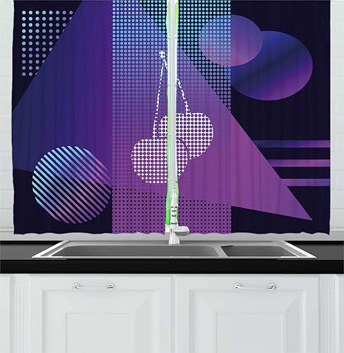 Ambesonne Synthwave Kitchen Curtains, Modern Design Illustration of Geometric Shapes Dots and Cherry, Window Drapes 2 Panel Set for Kitchen Cafe