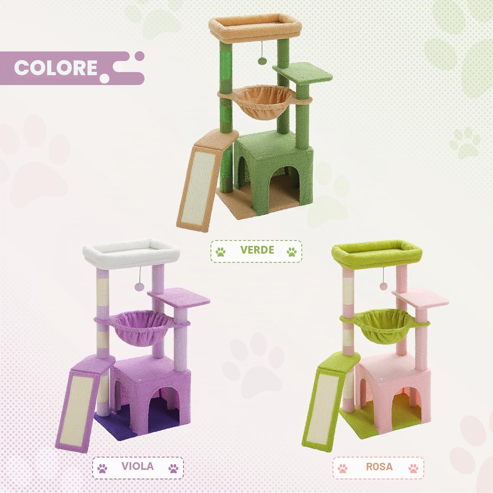 PAWZ Road, Struttura ad albero per gatti, da interni, con spaziosa cuccia, 1 piano in sisal, 3 pali tiragraffi, grande amaca e trespolo, 90 cm, viola