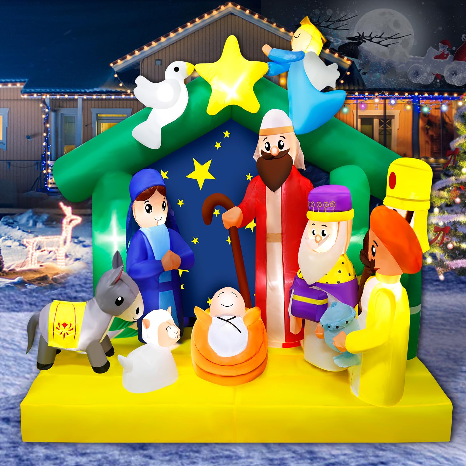 Presepe gonfiabile di Natale da 2 m, decorazioni per esterni, scena della nascita di Gesù, esplosioni di Natale, luci LED integrate, decorazioni natalizie gonfiabili
