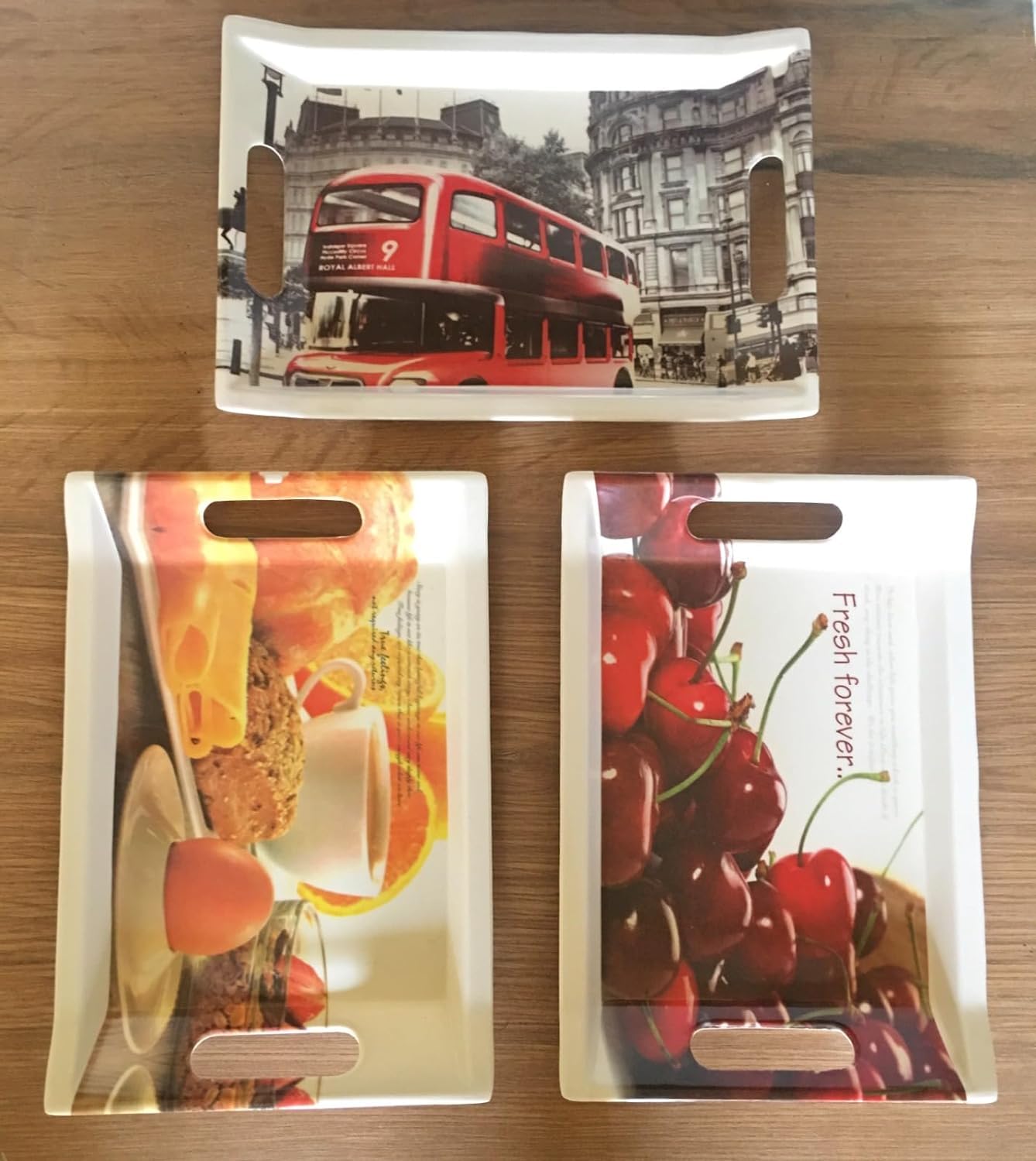 GYAMIKAJA Meanwhile Serving Tray Platter Rectangular Shape Trays for Drink Tea Dinner Coffee Salad Food for Dinning Table with Diffrent Design (Set of 3) (Red Bus,Abble,Egg)