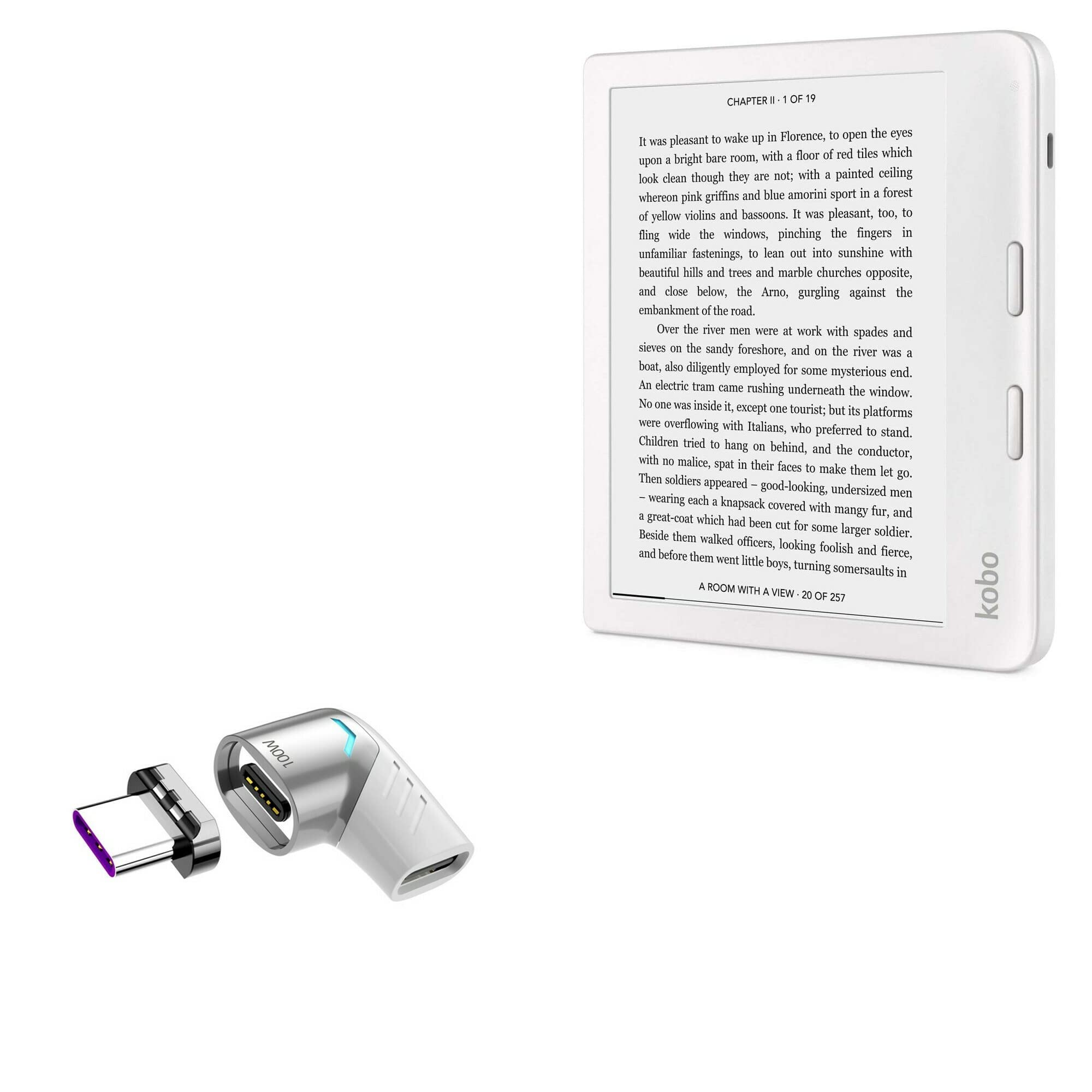 BoxWave Adapter Compatible with Kobo Libra 2 - MagnetoSnap PD Angle Adapter, Magnetic Charging Connector Device Saver - Metallic Silver