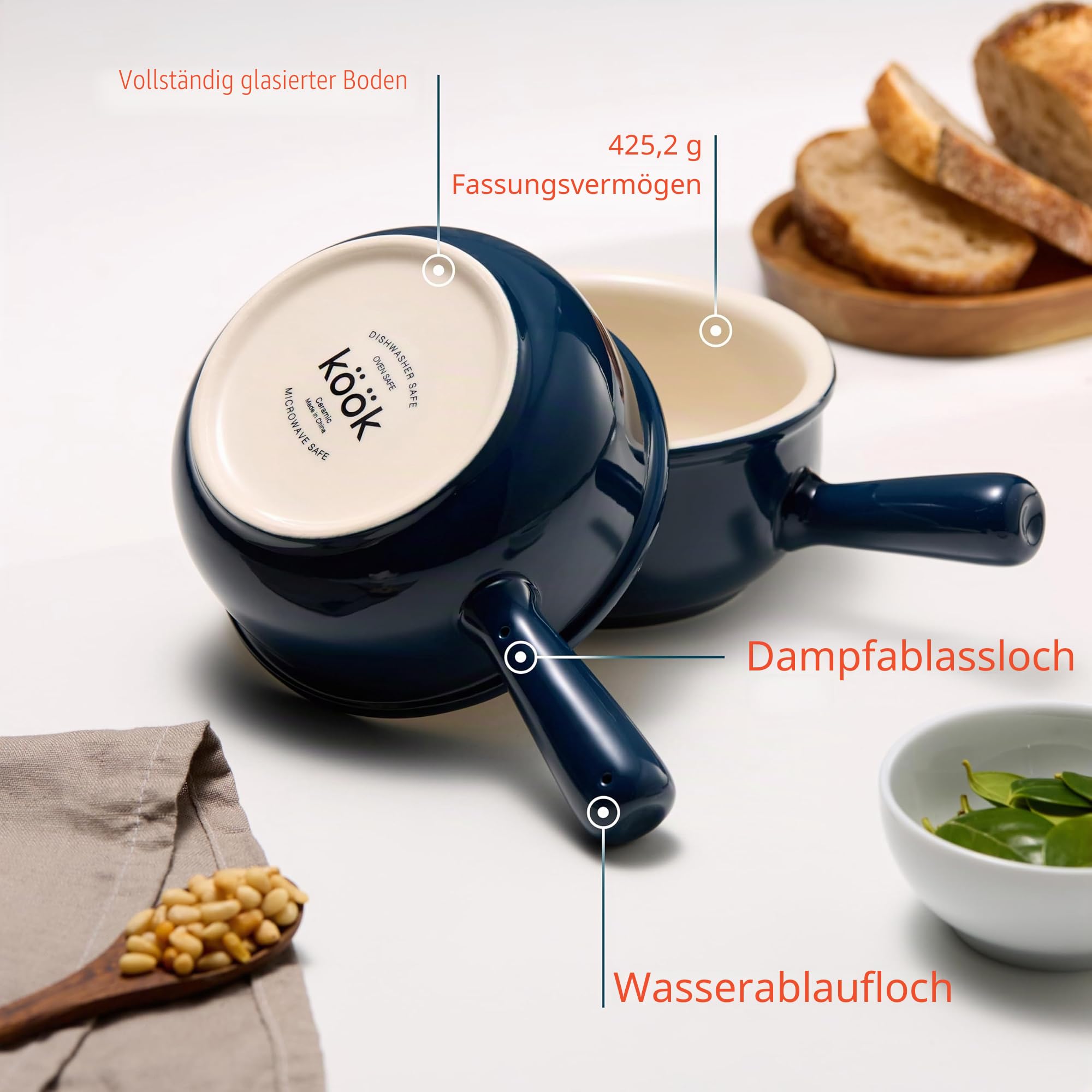 KooK Französische Zwiebel-Suppenschüsseln, Suppentöpfe mit Griffen, 425 ml, Keramikschalen, mikrowellen-, spülmaschinen- und ofenfest, Steingut, Marineblau, 4 Stück
