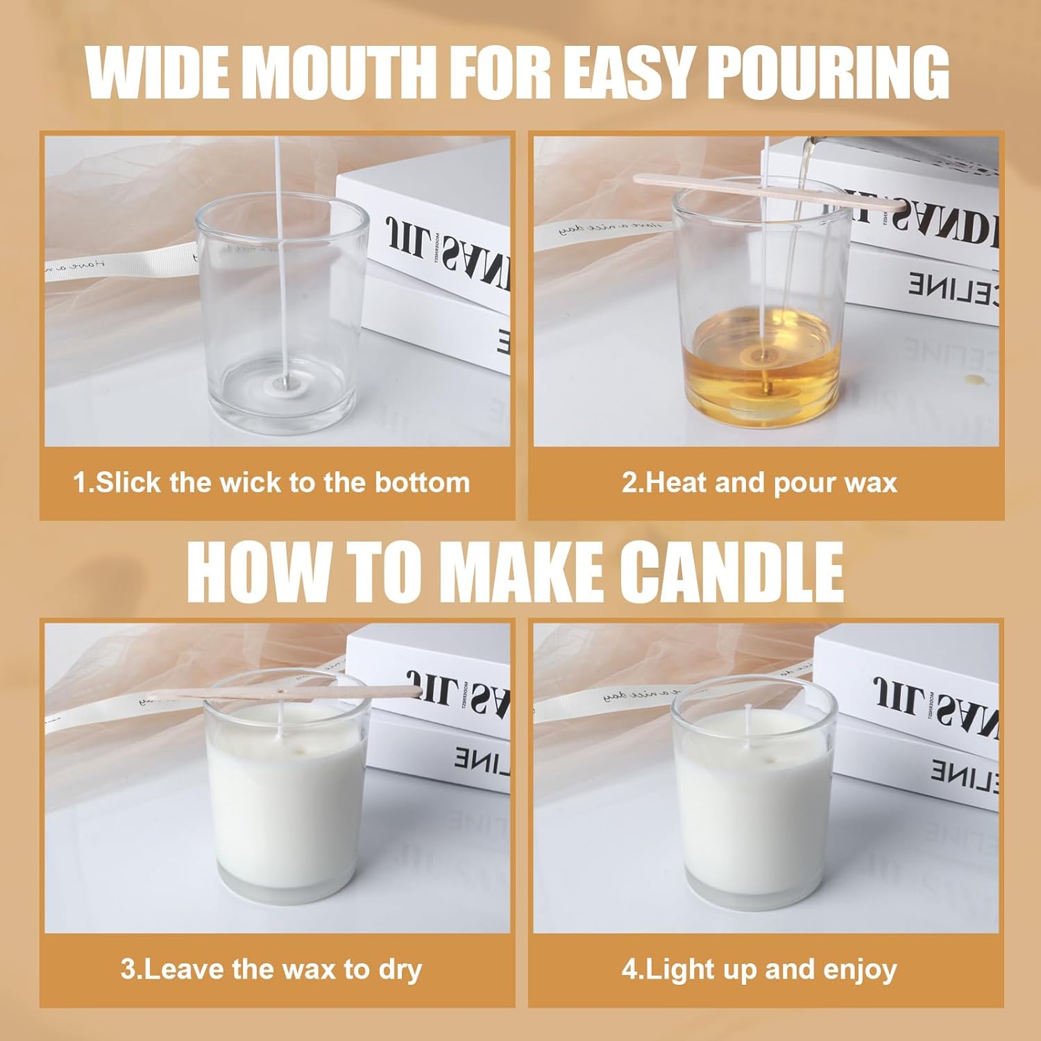 7oz Glass Candle Jars, 12-Pack Candle Jars for Making Candles, Empty Thick Glass Wide-Mouth Jars with Bamboo Lids & Wick Kits, Candle Containers Bulk - Clear