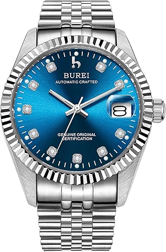 BUREI Reloj automático de lujo para hombre dos tonos de acero inoxidable con cuerda automática
