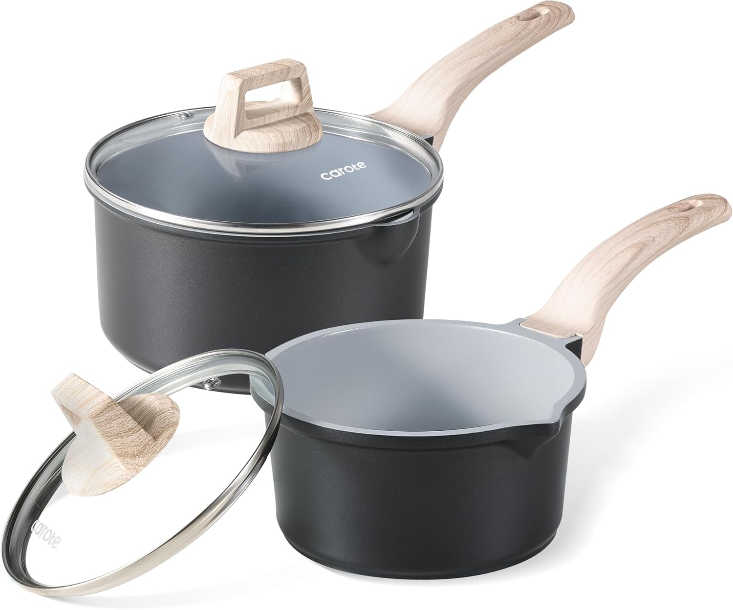 CAROTE 1.5Qt & 3.0Qt Sauce Pan Set with Lid Nonstick Ceramic Saucepan with Pour Spout 4 Pcs Sauce Pots Non-Toxic Cooking Pots (Black/Gray) Thumbnail