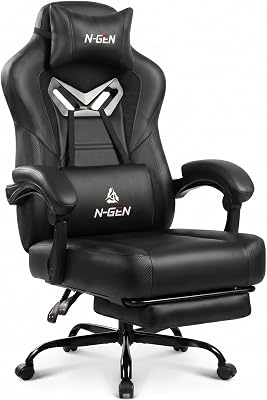 N-GEN GAMING Gaming Chair Big and Tall Computer Heavy Duty Office Desk Chair with Footrest Ergonomic Lumbar Support High Back Recliner for Adults (Dark Black)