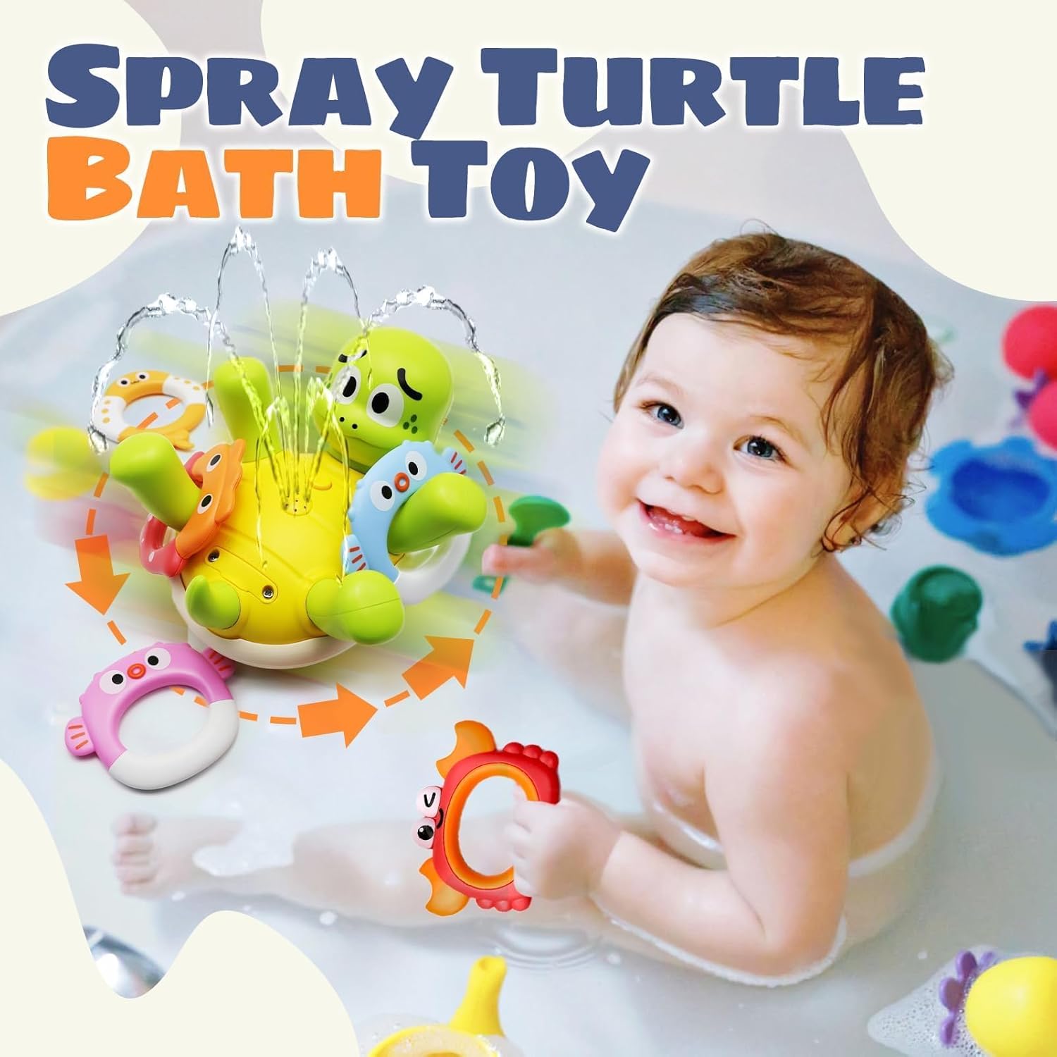 Sizobi Baby Bath Toys, Rechargeable Turtle Bath Toy Sprinkler for Toddler with 5 Rings, Bathtub Fountain Spray Toy,Pool Water Bath Toys for Kids Ages 1-3 Boys Easter Basket Stuffers Birthday Gifts