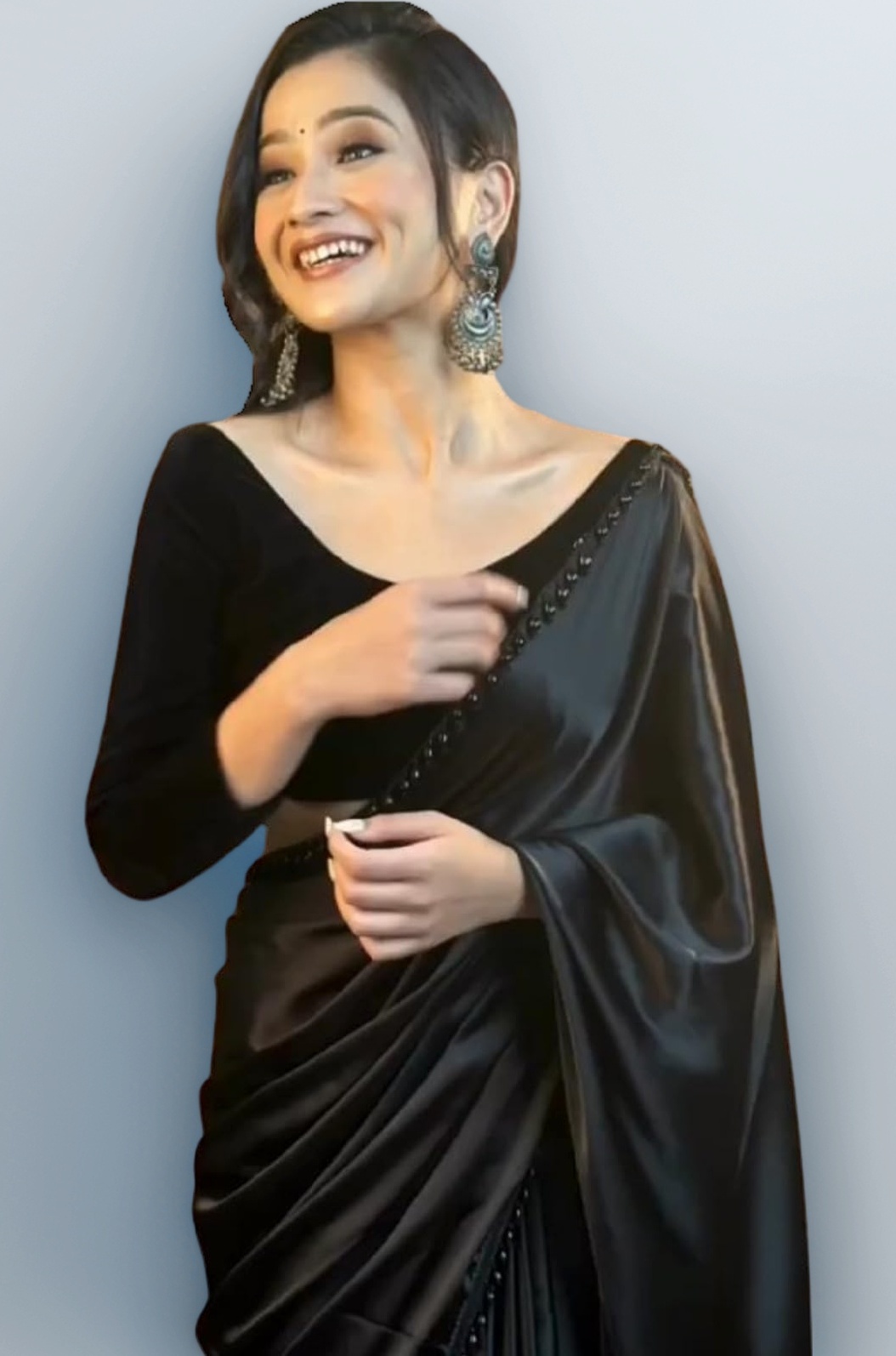 Women's Ready to Wear Black Satin Silk 1 Minute Pre Pleated Heavy Saree With Hand Work Lace