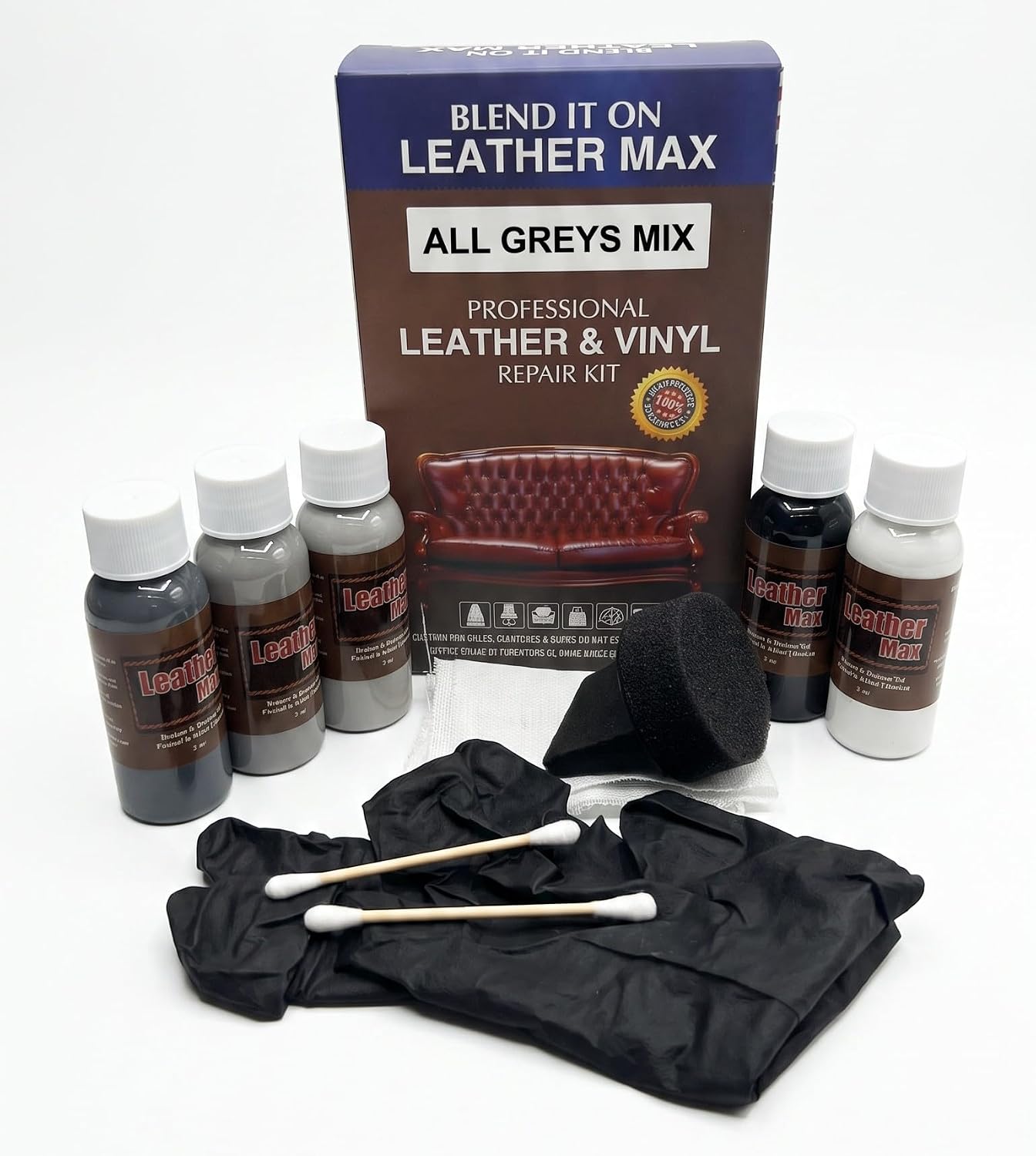 Leather Max All Greys Mix Vinyl and Leather Repair Kit - for Furniture, Sofa, Car Seat, Boots, Match Over 500 Shades of Brown, Restore Any Material No Mixing Chart Needed