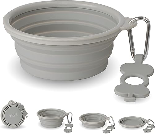 Bonza by Strap Boss - Cuenco para perro plegable mediano de 25.4 fl oz, borde reforzado resistente, incluye mosquetón y llavero para botella de