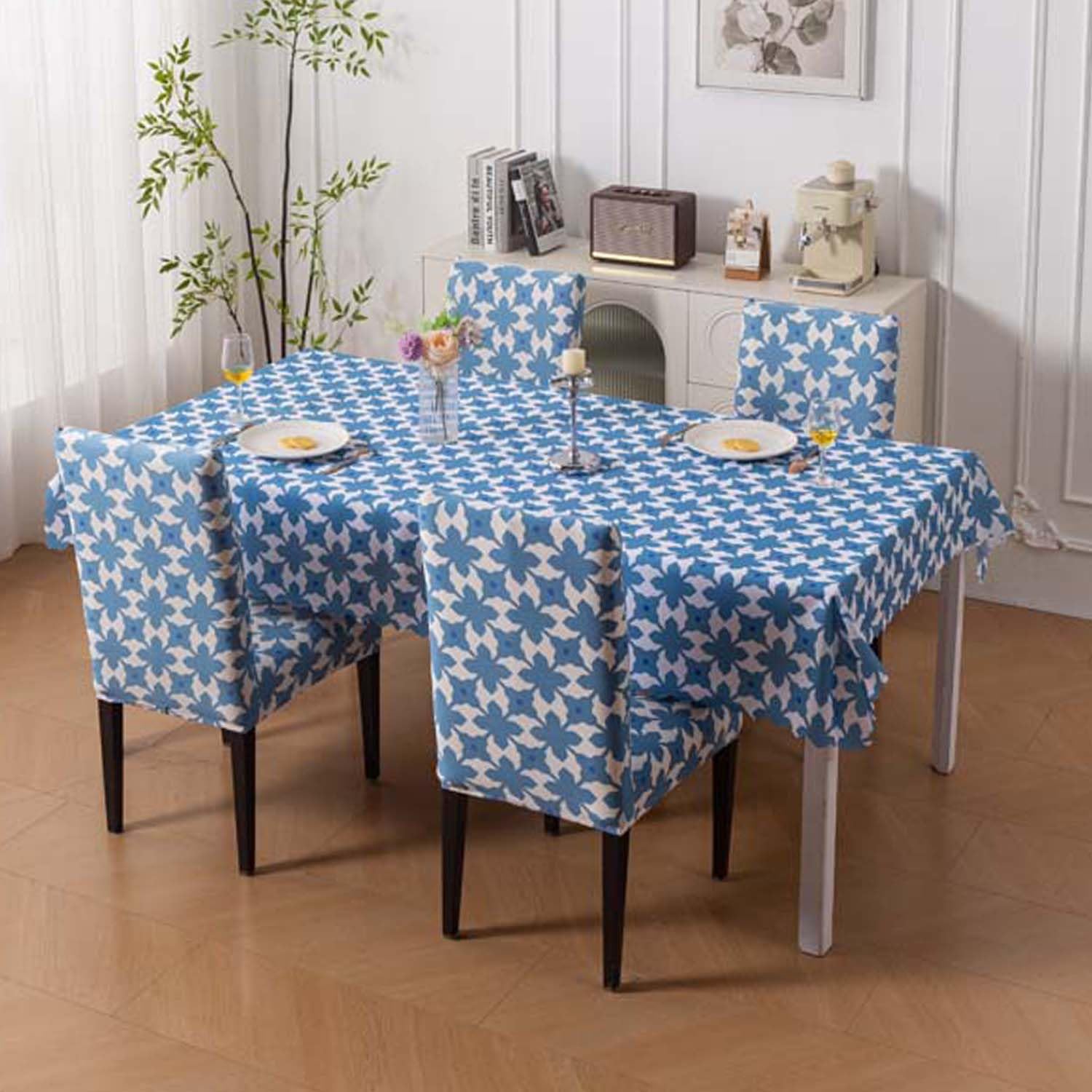 House of Quirk Dining Table Cover Waterproof for Kitchen Dining, Polyester Table Cloth Dust and Oil Repellent, Kitchen Décor (140x180cm, Indigo Motif, 1 Table Cover)