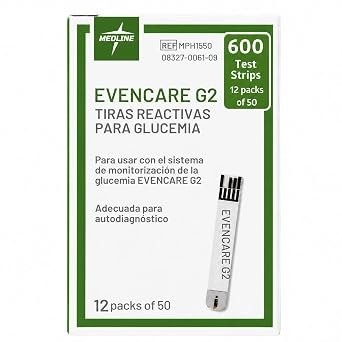 Medline EvenCare G2 Blood Glucose Test Strips, Self-testing with G2 Monitoring System, 6 Second Results, 50 Count (Pack of 12)