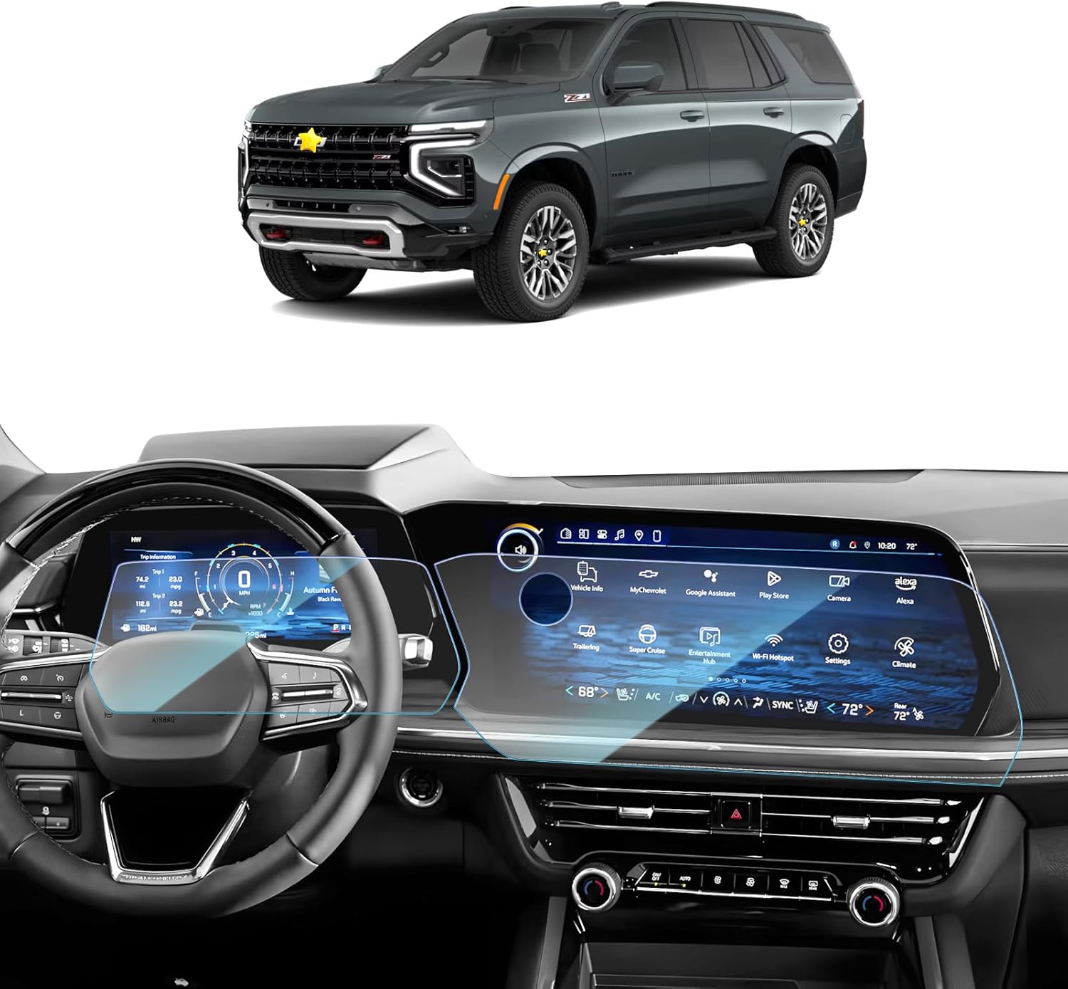 SKTU 2PCS for 2025 2026 Chevy Tahoe Screen Protector for 2025+ Chevrolet Tahoe/ Chevrolet Suburban 17.7-Inch Navigation & 11-Inch Instrument Screen [9H Hardness, Ultra Clear, Anti-Glare&Scratch] 2025 2026 Chevy Tahoe Accessories Screen Protective Film Tempered Glass