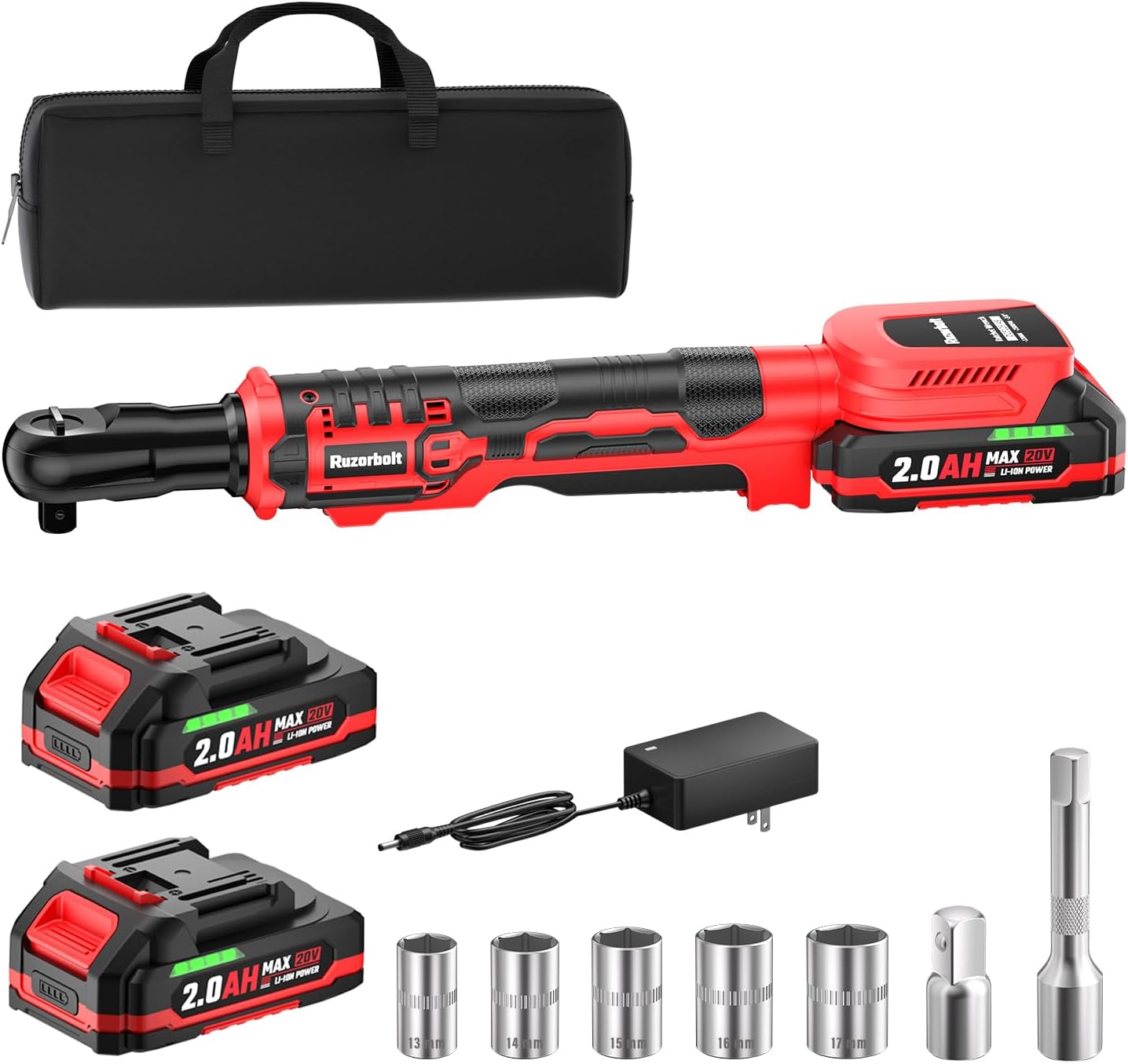 20V Cordless Ratchet Wrench 3/8" Set, 88 Ft-lbs(120N.m), 500 RPM, Electric Ratchet Wrench with 2-Pack 2000mAh Batteries, Variable Speed, LED Light, 5 Sockets, 1/2" Adapter, 3" Extension Bar