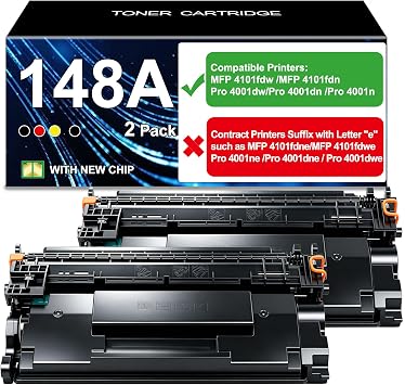 148A Toner Cartridges 2 Pack with Chip Compatible Replacement for 148 148A W1480A 148X for Color Pro 4001dw 4001dn 4001n MFP 4101fdw 4101fdn Printer High Yield Black