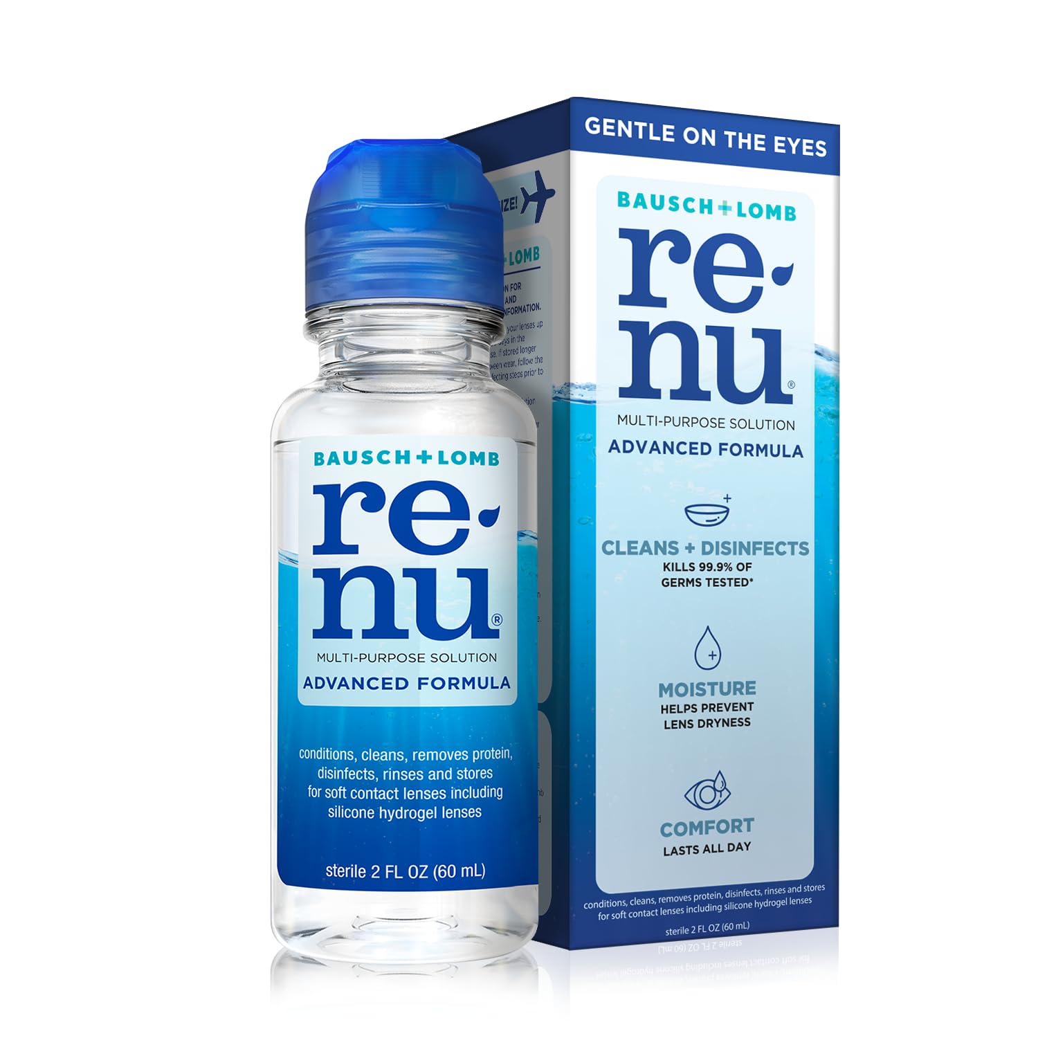 Renu Contact Lens Solution, Advanced Formula, Multi-Purpose Solution with Lens Case, Travel Kit, Gently Cleans, Disinfects, Moisturizes &amp; Hydrates Soft Lenses for All-Day Comfort, 2 FL Oz