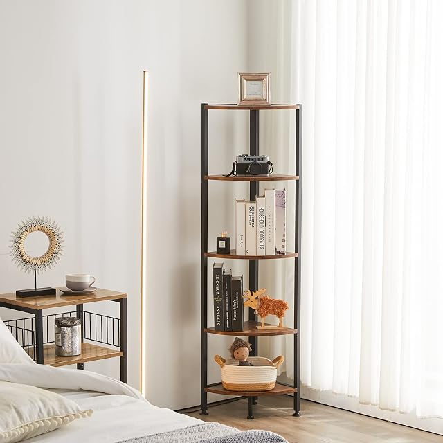 APICIZON Corner Shelf Unit, Industrial Bookshelf, 5-Tier Ladder Shelving unit for Living Room, Bedroom, Balcony, Storage Rack Brown, 30 x 30 x 130 cm