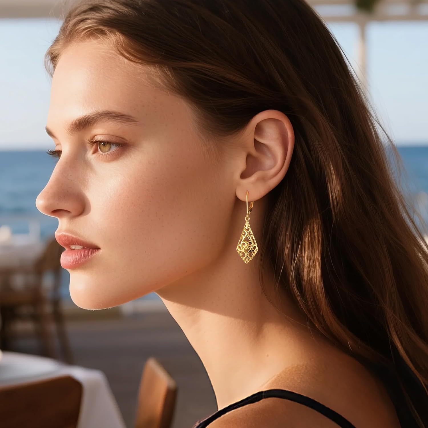 925 Sterling Silver Dangle Earrings for Women, 14K Gold Plated Filigree Dangling Leverback Earrings, Geometric Hypoallergenic Lightweight Dangly Drop Earings for Women Trendy Jewelry Gifts - Image 2