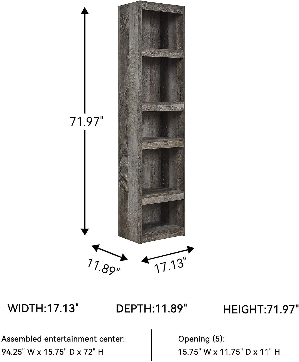 BOWERY HILL Engineered Wood Pier, 72 in Tall, Rustic Gray Planked Finish with Oak Grain, 4 Shelves, Adjustable Modern Minimalist Bookcase for Living Room or Home Office Storage