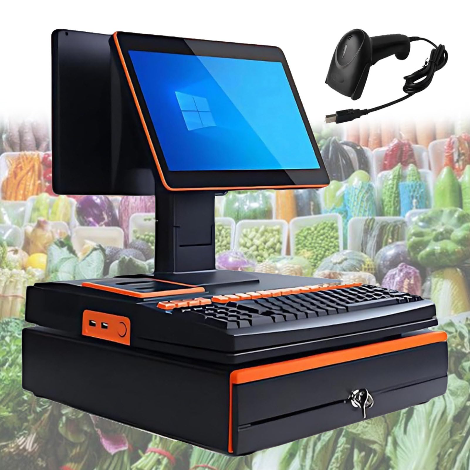 Pvxa Orange 15.6 Inch Touch Screen, Cash Register, Keyboard, Built-In 58Mm Printer, Complete Package, Pos Computer, Factory Point Of Sale, Cash Register, For Small Business Dualscreen