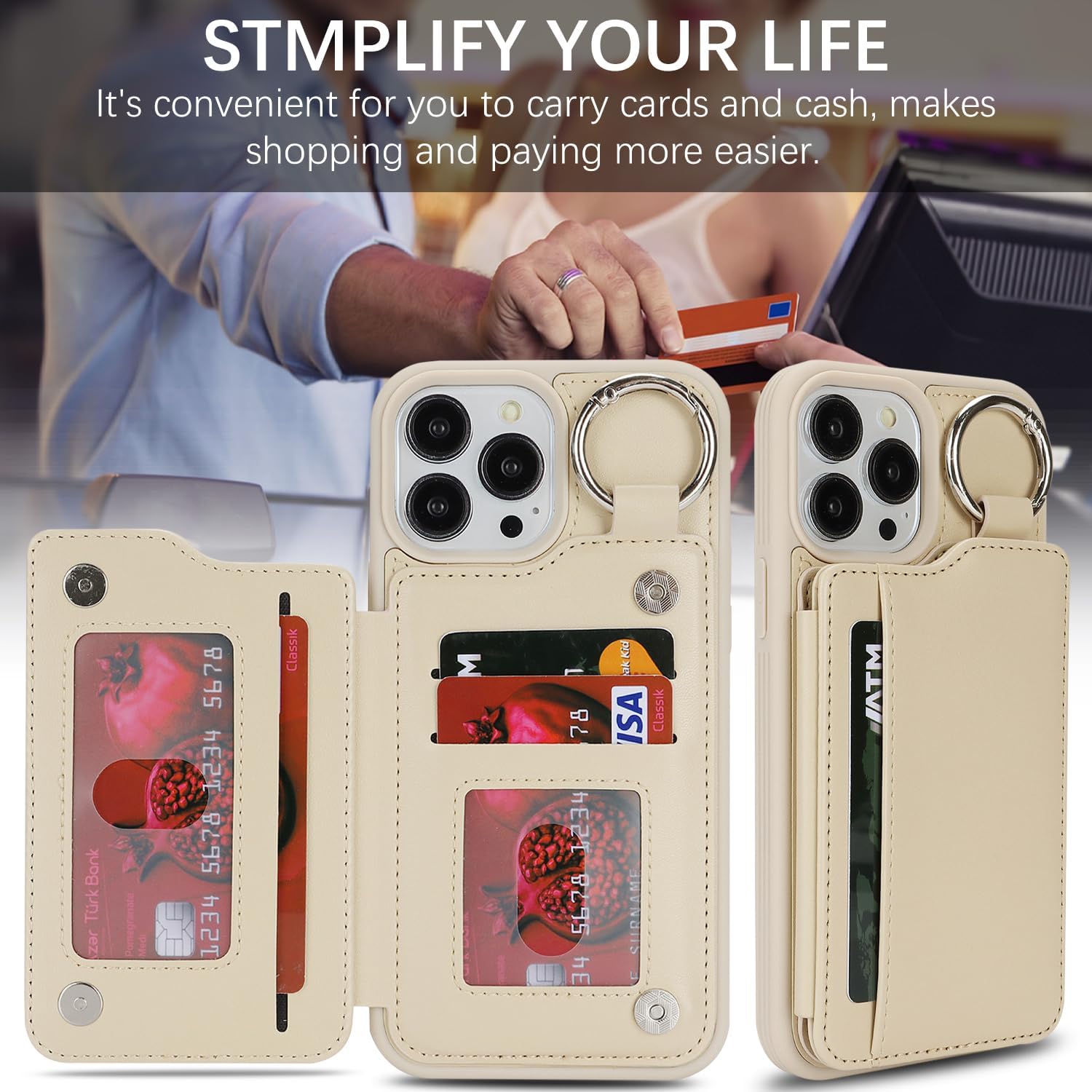 Ｈａｖａｙａ Designed for iPhone 16 Pro Max Case, Beige Back Flip Wallet with Magnetic Clasp, 4 Slide-in Card Slots, Ring Stand & Keychain, Shockproof Cover with Raised Bezel