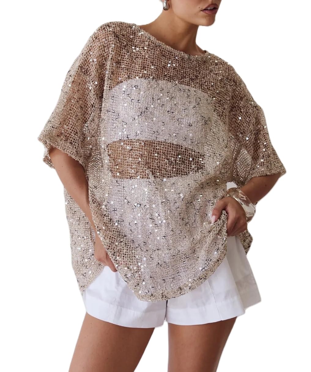 Maglietta da donna a maniche corte con lustrini trasparenti glitterati oversize scintillante vedere attraverso l'uncinetto coprire costume da bagno da spiaggia camicetta in rete top