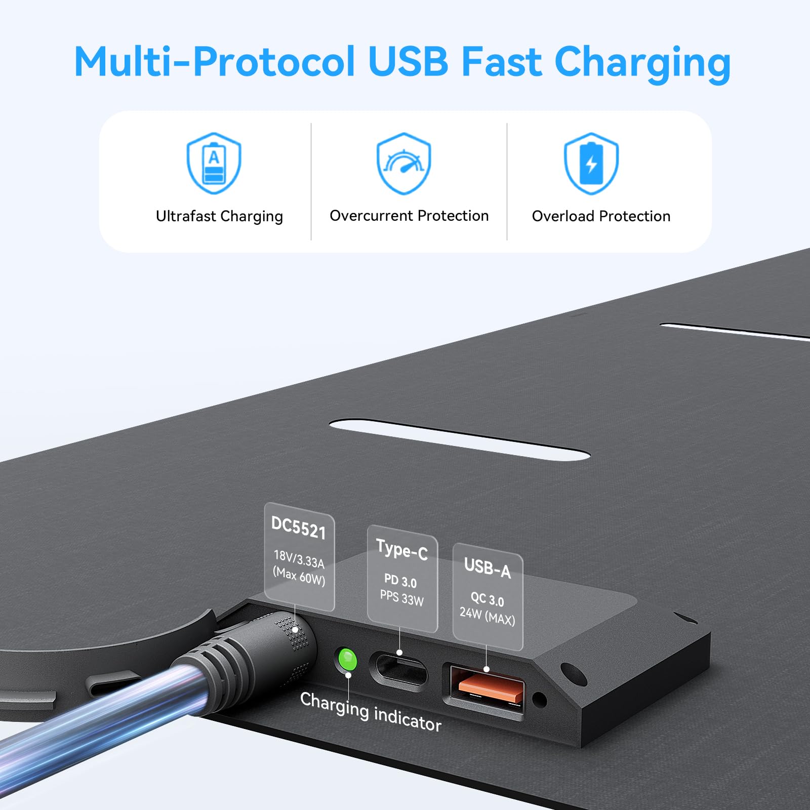 Ecosonique Chargeur de panneau solaire portable 60 W 1,6 kg Ultra-léger Pliable ETFE USB-C 33 W PD3.0 & USB-A 24 W QC3.0 Charge rapide 18 V DC XT60 pour station d'alimentation, téléphones, tablettes