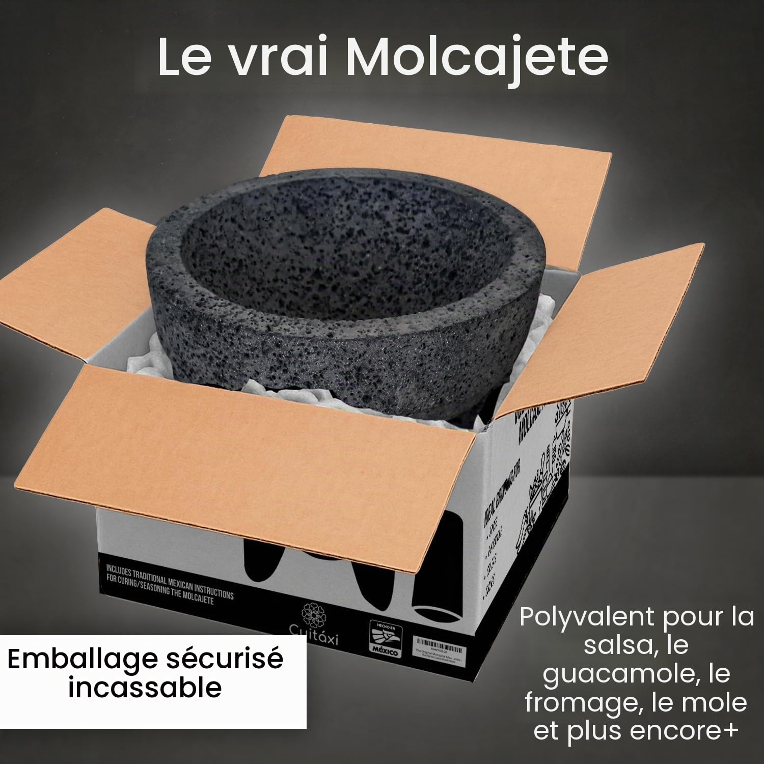 Bol mexicain Molcajete original fabriqué à la main en pierre de lave authentique au Mexique – Molcajete de Piedra volcanica – Pilon de mortier volcanique mexicain – Pierre de lave authentique