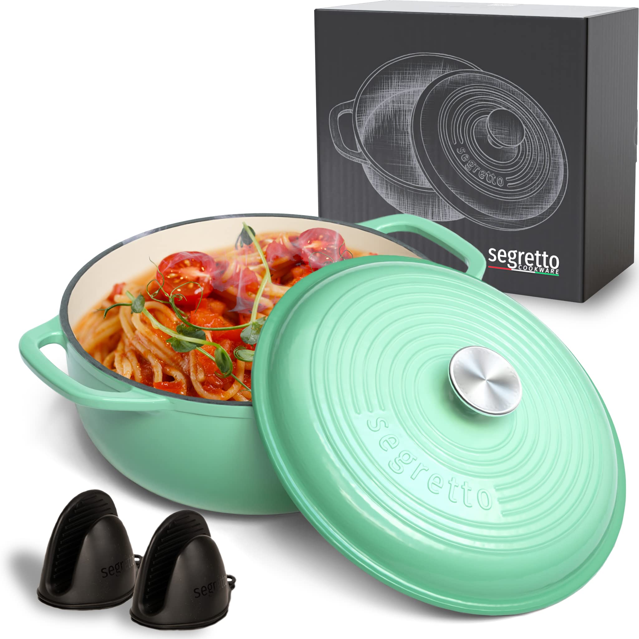 Segretto Cookware Enameled Cast Iron Dutch Oven with Handle, 6 Quarts, Verde Chiaro (Light Green) 6-