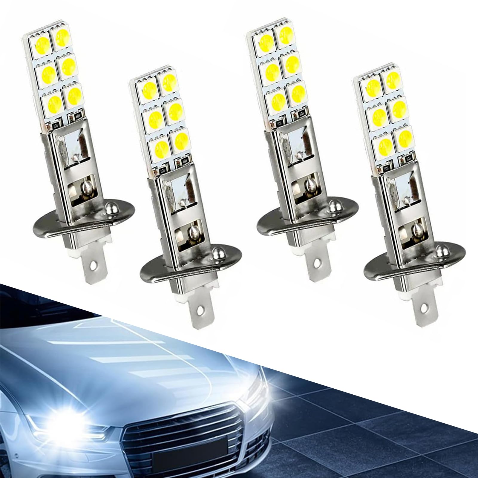 4 PCS H1 Car LED Fog Lighting Bulb, 5050-12SMD 360 Degree High Brightness Transmission Anti-Fog Bulb Replacement, Plug-and-play, Universal for Most Car Exterior Lighting (White)