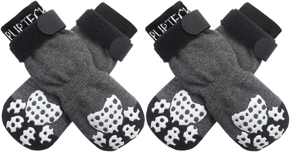PUPTECK Anti-Slip Dog Socks with Double Sides Grips for Small Medium Large Dogs Hardwood Floors Prevents Licking, Dog Shoes for Hot Pavement Traction Control Paw Protector for Senior Dogs, Grey M