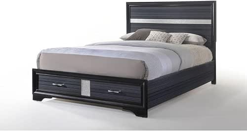 Benjara Nae Queen Size Bed- Rubberwood- Gray- Textured- Shimmery Acrylic