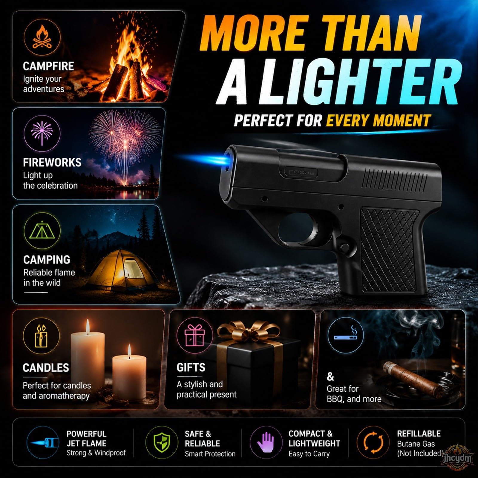 Windproof lighter (with cigarette case), blue jet flame.