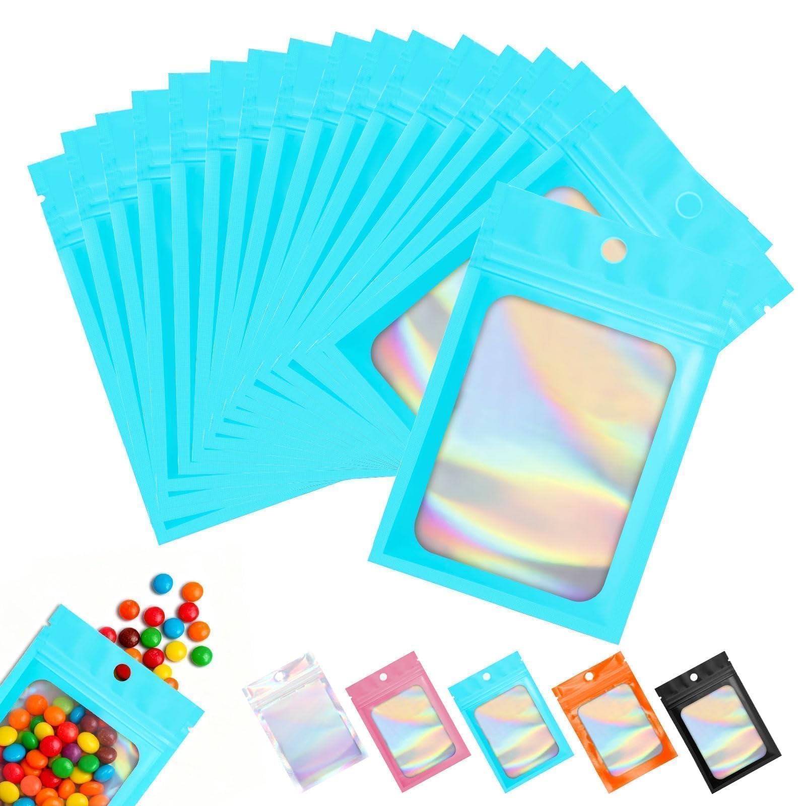 130 Pcs Mylar Bags 2.8ร3.9 Inch Holographic Bags Resealable Sealable โ Small Ziplock Bags for Food Candy Jewelry Party Gifts Blue