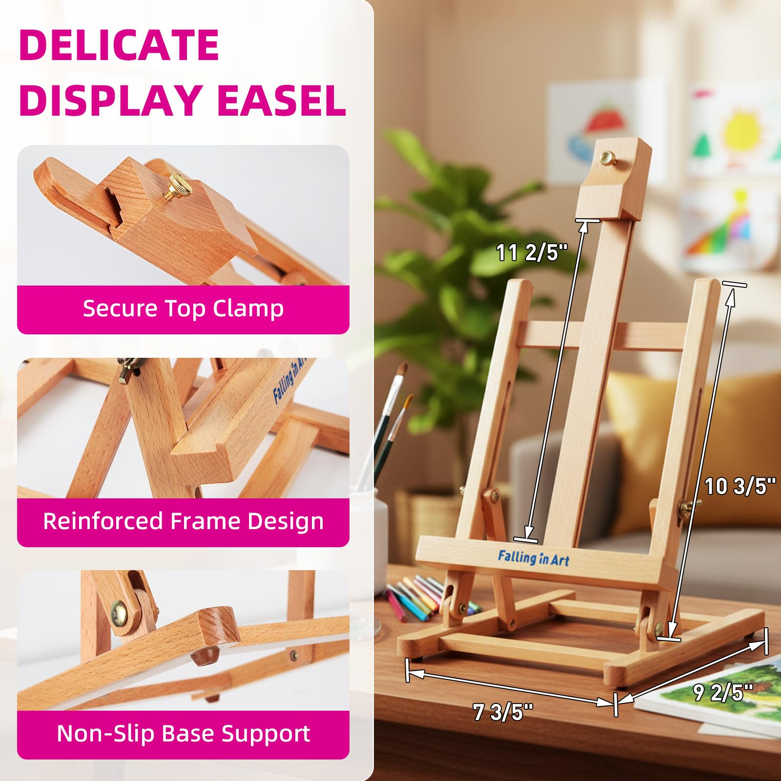 Falling in Art Juego de caballete de mesa, kit de pintura de caballete de madera portátil para niños, caballete para pintar lienzos, incluye pinturas acrílicas de 12 colores, 10 pinceles y 4 paneles