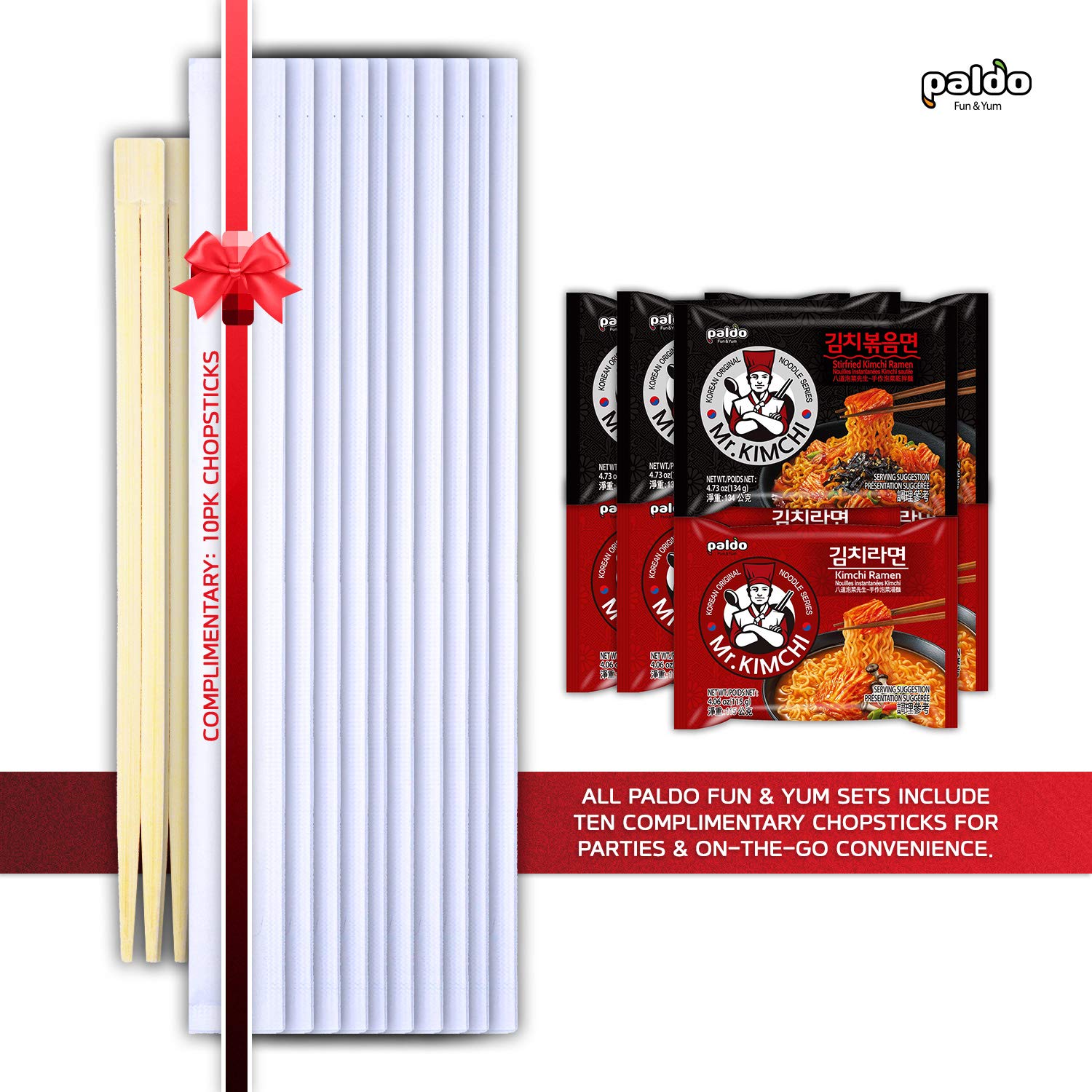 Paldo Fun & Yum Mr. Kimchi Noodles Set, 4 Pack of Stir-Fried Instant Noodles & 4 Pack of Noodles with Kimchi Based Soup with 10 Disposable Chopsticks, Spicy Ramen Challenge, 미스터 김치 김치볶음면 & 김치라면