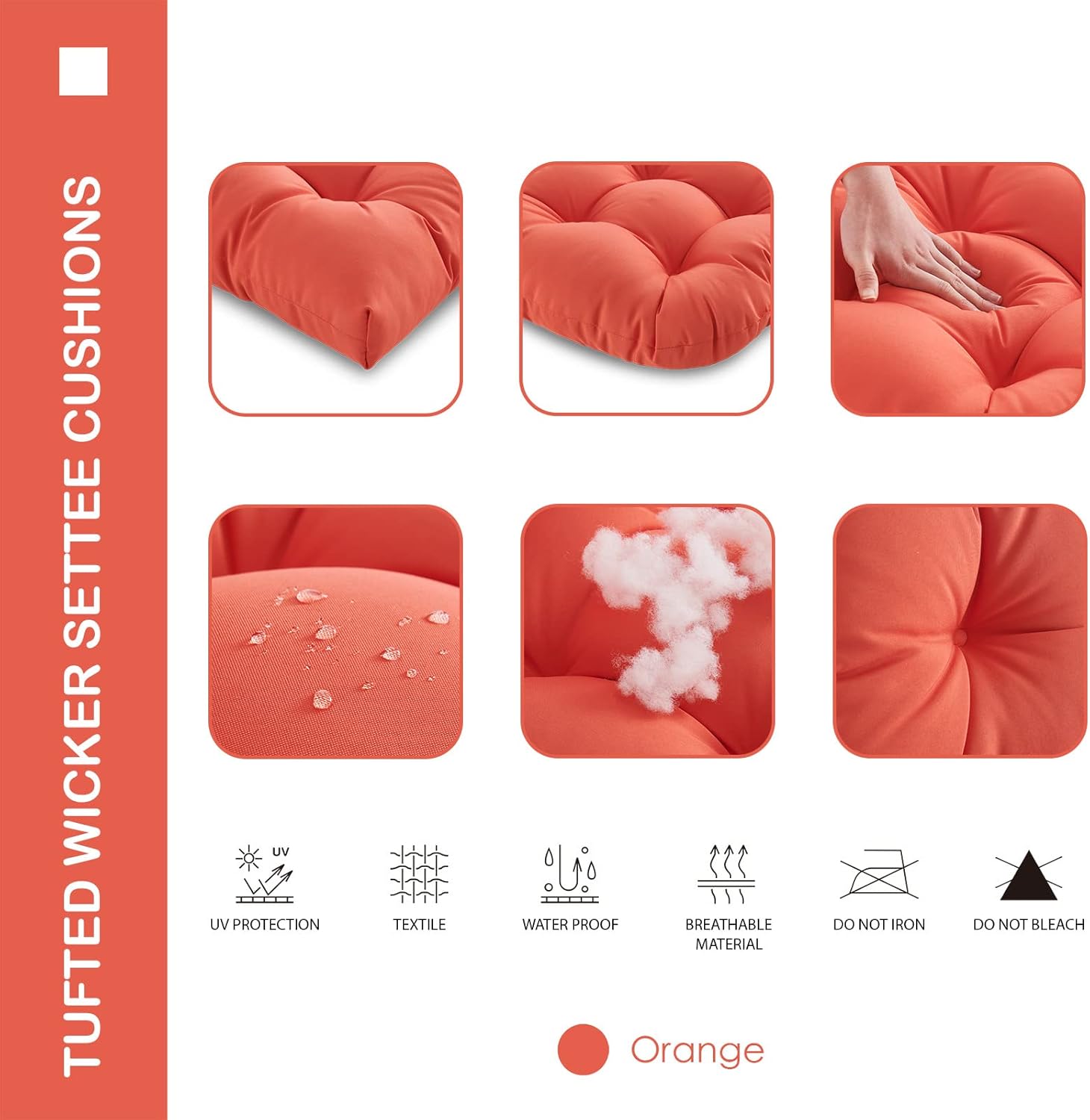 Outdoor/Indoor All Weather Tufted Wicker Chair Cushions of 3 Pieces, 1 Loveseat and 2 U-Shape Waterproof Cushions for Patio Furniture,Wicker Loveseat,Bench-Orange