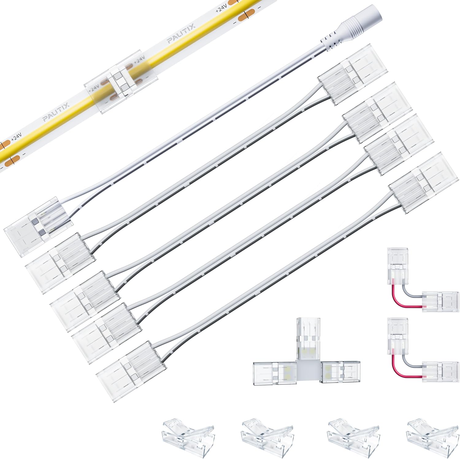 PAUTIX 8mm Connectors for 2-Pin COB LED Strip Lights,4pcs Transparent Gapless Connectors,4pcs Dual End,1pc Single to DC Female Plug 7.9in Extension Wire,2pcs L-shaped Connectors,1pc T-shaped Connector