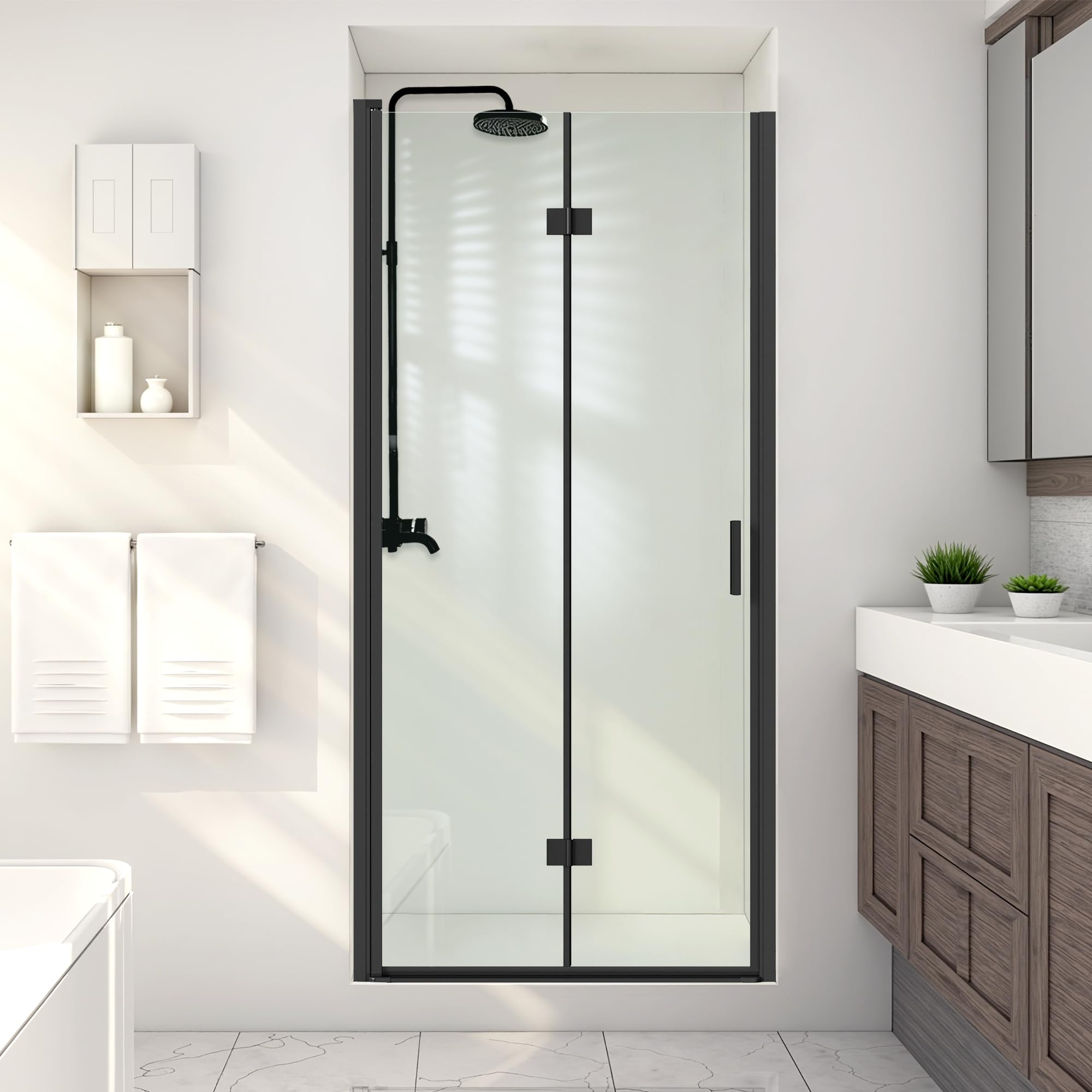 34" W x 72" H Shower Door,Bifold Frameless Glass, Foldable Pivot Swing Design, 1/4" Tempered Clear Glass, Black Finish