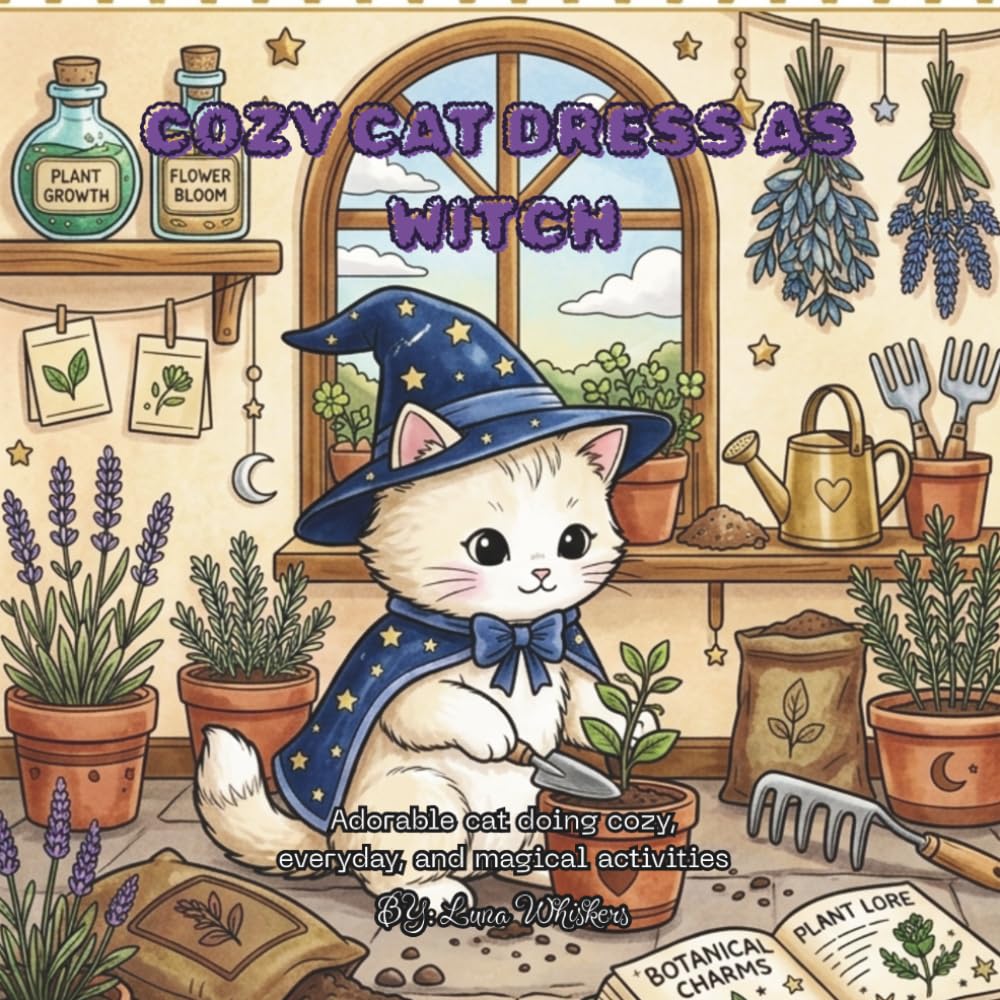 Cozy Cat Dress as Witch: Adorable cat doing cozy, everyday, and magical activities