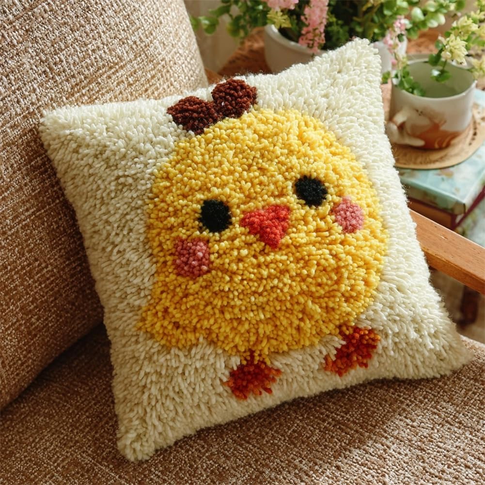 kitphoenix Latch Hook Kit Unfinished Cushion Cover with Printed Canvas Cute Chick Pillowcase Sewing Making Kits for Beginners Adults Embroidery Kits Home Decoration 17X17Inch
