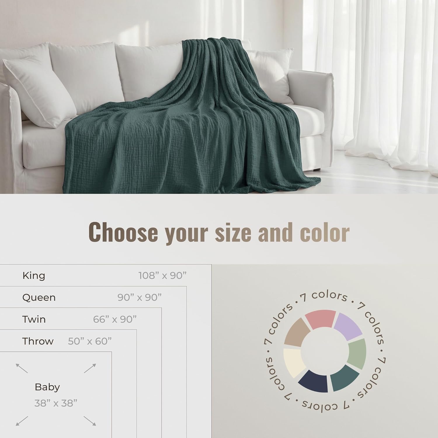 4-Layer Muslin Cotton King Bed Blanket (108 x 90 inches) – Ultra Soft, Breathable & Lightweight All-Season Blanket, Cozy Comfort, Machine Washable – Teal